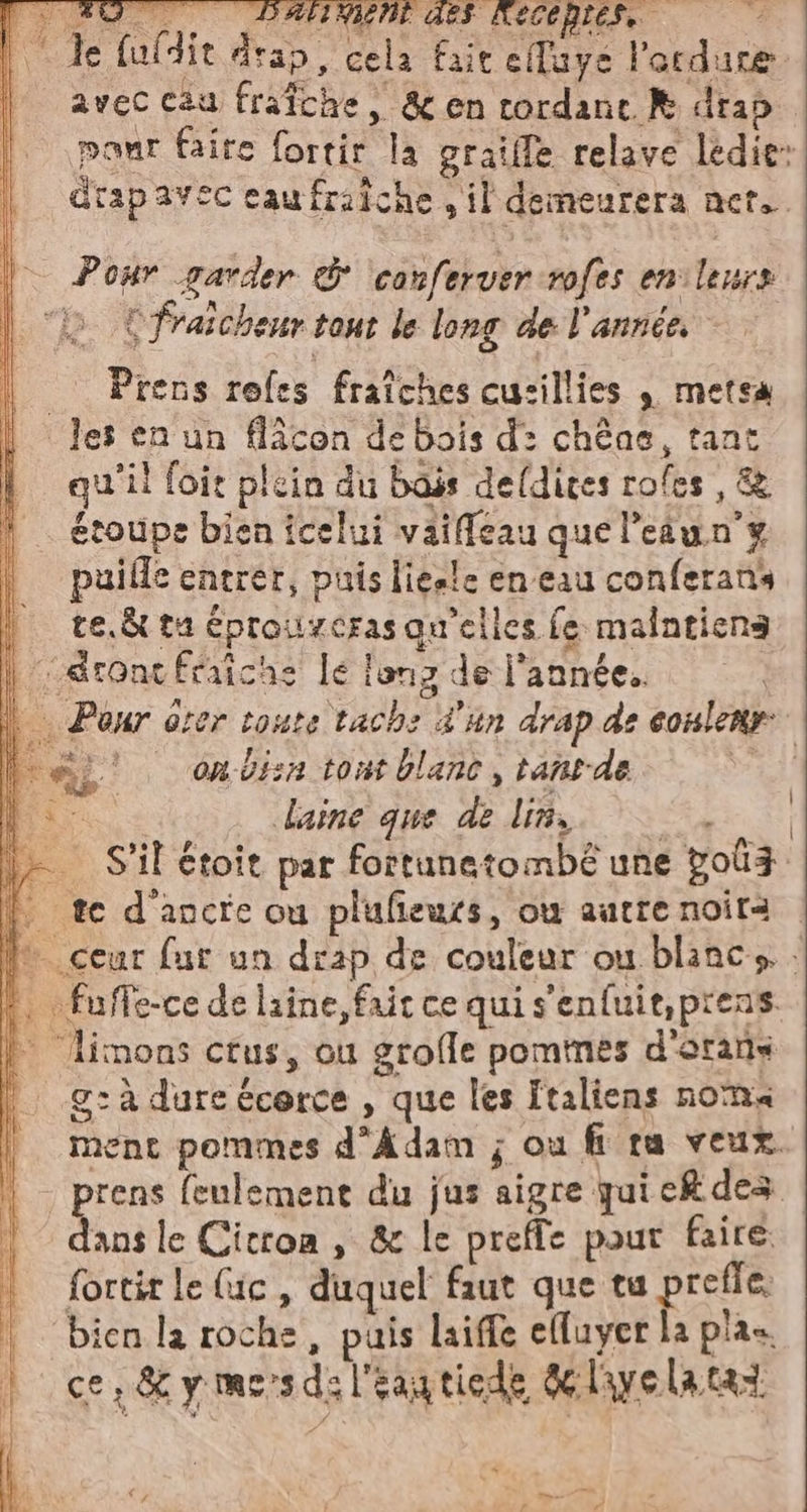 PR en ISTE ST, LARE: Fe uldit drap, cela fait efluye Pordure. | avec cau fraîche, &amp; en rordanc À drap pour faire fortir la graiffe relave lédie: drapavec eaufraîche , il demeurera net. Pour garder &amp; ‘conferver rofes eni lens dit Tr SL PA po Fraicheur tout le long de l'année, | Prens rofes fraîches cusillies , metsa les en un flacon de bois d: chéae, tant qu'il foit plein du bass deldites rofes , &amp; étoupe bien icelui vaiMeau quel’eun’y puifle entrer, puis lieele en eau conferans | ve. tu éprourcras qu'elles fe malntiens | ‘éronc fraîche lé fonz de l'année. Pour oter toute tach: d'un drap de conlenr NS on Üi:2 tort blanc, tanede da Laine que de lin, © S'il étoit par fortunetombé une poli. i ted'ancre cu plufieuts, où autre noità M ceur fur un drap de couleur ou blancs . 4 fuffe-ce de laine, fait ce quis'enfuit,prens. | Jimons ctus, ou grofle pomines d'orans g: à dure écerce , que les Italiens noma ment pommes d’Adam ; ou fi ra veux. rens feulement du jus aigre quieft des dai le Cicron , &amp; le preffe pour faire fortir le ic , duquel faut que tu prefie. bien la roche, puis laiffe elluyer la pla+ ce. &amp; y mes d: l'eautiede &amp;layela tal. | |