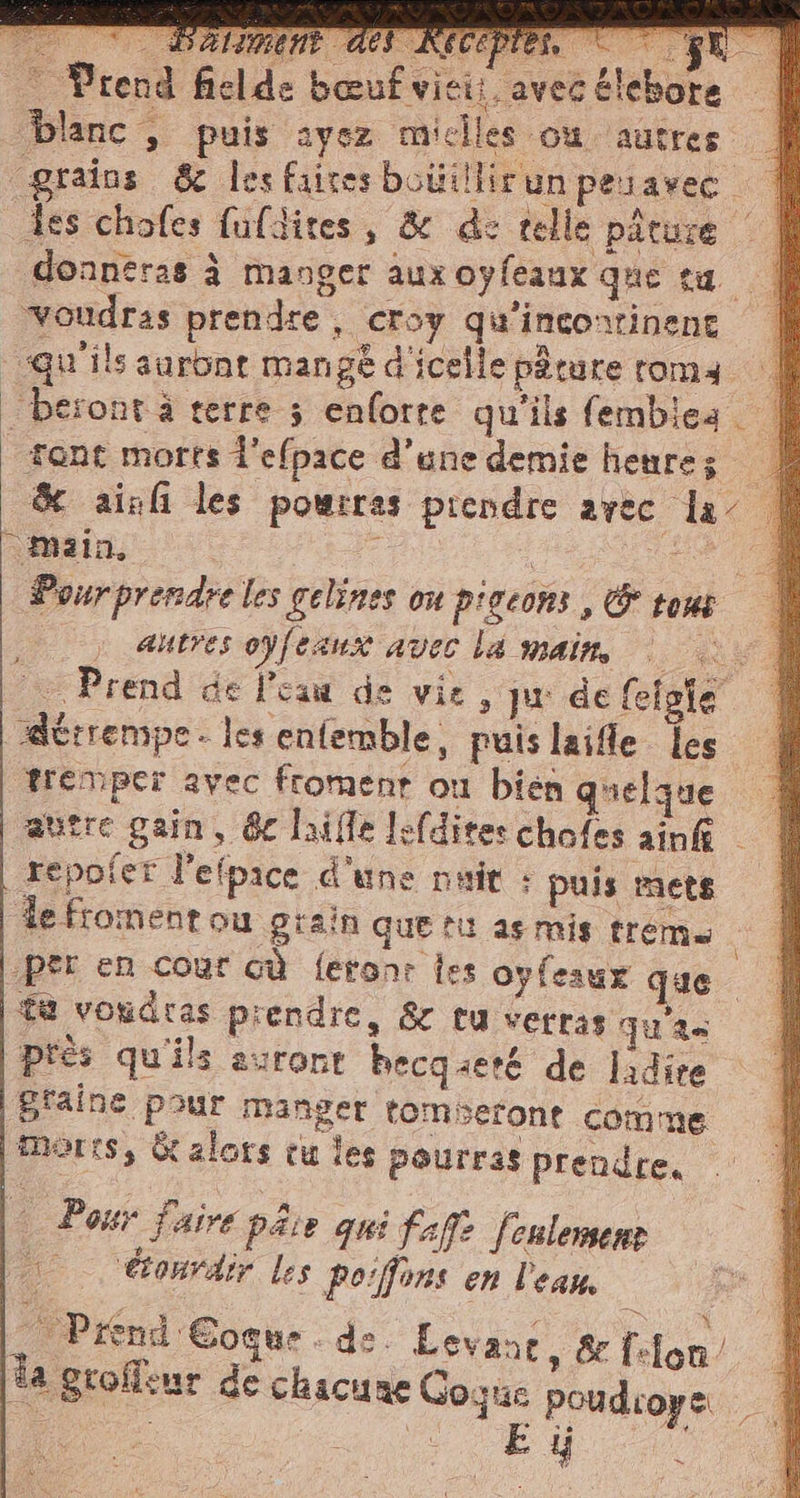 gica - Prend fielde bœuf vici: avec élebore blanc, puis ayez miclies où autres 4 grains &amp; les faires boëtllir un peuavec | tes chofes fufdites, &amp; de telle pâture donneras à manger auxoyfeaux que ca | voudras prendre, croy qu'incontinene | qu'ils auront mangé d'icelle pâture roms | _ beïont à terre 3 enfotre qu'ils fembiea | tant morts l’elpace d’une demie heures È &amp; airfi les pourras prendre avec la A Main, : ce Pourprendre les gelines on pigeons, &amp; tous autres oyfeanz avec la main, © ist — Prend de l'eau de vie, pr de felgie dttrempe- les enfemble, puislaifle les tremper avec froment ou bien quelgue....) autre gain, 8 Inifle Jefdites choles ain | | repofer l’efpace d'une nuit : puis meteo defromentou grain que tu as mis trema 1 “per en cour cù ferane les opfeaur que. ta voudras prendre, &amp; tu verras quia, près qu'ils auront becqseré de ladire Gfaine pour manger tomseront comme morts, &amp;alors tu les pourras prendre. + Pour faire paie qui fafe feulemsenr : Gonräir les poiffons en l'eau, … Prend Coque. de. Levane, &amp; fon È Ta groffeur de chacune Gogue poudroye | gi E 4 2 £