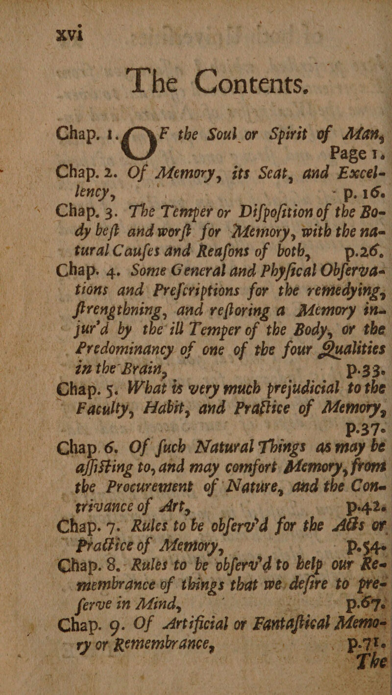 The Contents. | | Chen: 1. O' the Sou or Spirit of Mans P age Te Chap. 2. Of Ademory, its Seat, and Excel ’ dency, ~ P. 166 « Chap. 3. The Temper or Difpofi tion of the Bo- dy beft and worft for Adtemory, with the na- __» tural Caufes and Reafons of both, p.26. Chap. 4. Some General and Phyfs ical Obfervas tions and Prefcviptions for the remedying, _ frengthning, and veftoring a Memory tna ~ jur’d by the ill Temper of the Body, or the . Predominancy of one of the four Qualities Weer 314 “Brain, - 1 Posse nap, 5. What is very much prejudicial to the Faculty, Habit, and Praftice of Memory, P.37- | Chap 6. of pick Natural Things as may be affisting to, and may comfort Adcmory, frome _ the Procurement of Nature, and the cb * ‘grivance of Art, Praffice of Memory, ps . ‘Chap. 8, Rules to be obfera’d to belp our Rew _ membrance of things that ano re to pre- erve in Mind, | p.67. _ Chap. 9 . Of Artificial or Fanaa Me mo= nan ‘Remembrance, p97: + *