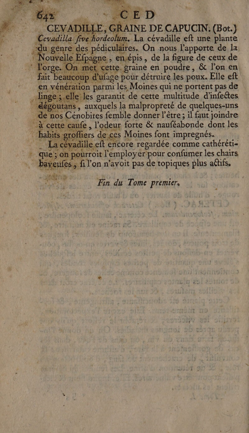 . CEVAD L jE, G AINE DE CAPUCIN. (Bot.) ae fe 2 1 La cévadille eft une plante mans des pédiculaires. On nous l'apporte de la eur Je Efpagne ; ensépis , de la figure de ceux de 1 met cette. graine en poudre, &amp;c lon en aucoup d’ufage pour détruire les poux. Elle eft en . ation parmi les Moines qui ne portent pas de . linge ;,.elle e les garantit ‘de cette multitude d'infeétes _&amp;é utans , auxquels la malpropreté de quelques-uns de: nos Cénobites femble donner l'être ; il faut joindre \ à cette caufe , l'odeur forte &amp; nauf£abonde dont les ie à e,ce s Moines font impregnés. radille e nie regardée comme cathéréti= que ; Fan porroit \ employer ‘pour confumer les chairs © Havas fi l’on n’avoit pas de topiques plus aétfs. D LE 4 Fin du Tome premier.