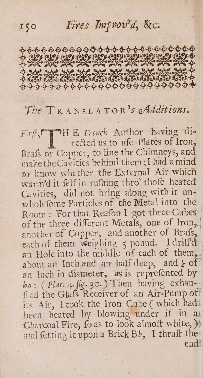 The TRANSLATOR’S eAdditions. ayes Eee E French Author having di- reed us to ufe Plates of Iron, Brafs or Copper, to line the Chimneys, and makethe Cavities behind them; {I had amind to know whether the External Air which warnrd it felf in rufhing thro’ thofe heated Cavities, did not bring along with it un- wholefome Particles of the Metal into the Room : For that Reafon I got three Cubes - of the three different Metals, one of Iron, another of Copper, and another of Brafs, each of them weighing 5 pound. Idrilld an Hole into the middle of each of them... about an Inchand an half deep, and } of” an Inch in diameter, asis reprefented by bo: ( Plat. 4. fig. 30.) Then having exhau-: ted the Glafs Receiver of an Air-Pump of? its Air, took the Iron Cube ( which had: been heated by blowing under it in ai Charcoal Fire, fo as to look almoft white, )) and fetting it upona Brick Bb, E thruft the: end!