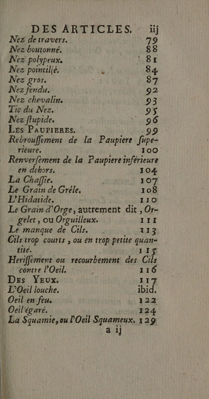 DES ARTICLES, : iij Nez detravers. 79 l'es boutonné. 88 lez polypeux. ‘ 8x Ne pointilie. © 84 INez gros. 87 INez fendu. 92 Nez chevalin. 93 Tic du Nez. 9$ Nez flupide. 96 _ Les Paurieres, 99 Rebroufflement de la Paupiere fé rieure. 100 … Renverfèment de la Paupiere inférieure en dehors. 104 La Chaffie. | 107 Le Grain de Gréle, 108 L'Hidatide. 110 Le Grain d'Orge, autrement dit , Or- geler, ou Orguilleux. III | Le manque de Cils, 112 Cils trop courts , ou en trop petite quan- tite. 11$ Heriffément ou recourbement des Cils contre l’Oeil, f 116 Des Yeux. | 117 L'Oeil louche. ibid, Oeil en eus 122 … Oeil'égaré. 124 La Squarmie,ou l'Oeil Squameux, 129 a ij