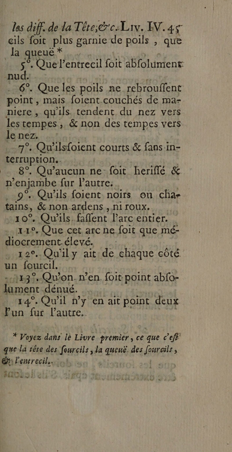 Îes diff. de la TéresécLiv. EV.45 cils foit plus garnie de poils , que _ Ja queué 5°. Que l’entrecil foit abfolument RCE 6°. Queles poils ne rebrouffent point, mais foient.couchés de ma- mere, qu'ils tendent du nez vers les tempes., &amp; non des tempes vers le nez. 7°. Qu'ilsfoient courts &amp; fans-in- terruption. | . 8°. Qu'aucun ne: foit heriflé &amp; n’ “enjambe fur l'autre. . 9°. Qu'ils foient noirs ou char tains, &amp; nonardens , ni roux. 10°. Qu'ils. faflent Parcentier. 1412. Que cet arc ne foit que mé- diocrement.élevé. . 12°. Qu'ily ait de chaque côté un fourcil. 1#3%.-Qu’on. n’en. foit point abfo- Jlament dénué. 14°. Qu'il n’y en ait point deux Pun fur l’autre. * Voyez dans lè Livre premier, ce que c’eff: que la tête des fourcils , la queuë. des days , Sn l'entrecil.. | Sao: e