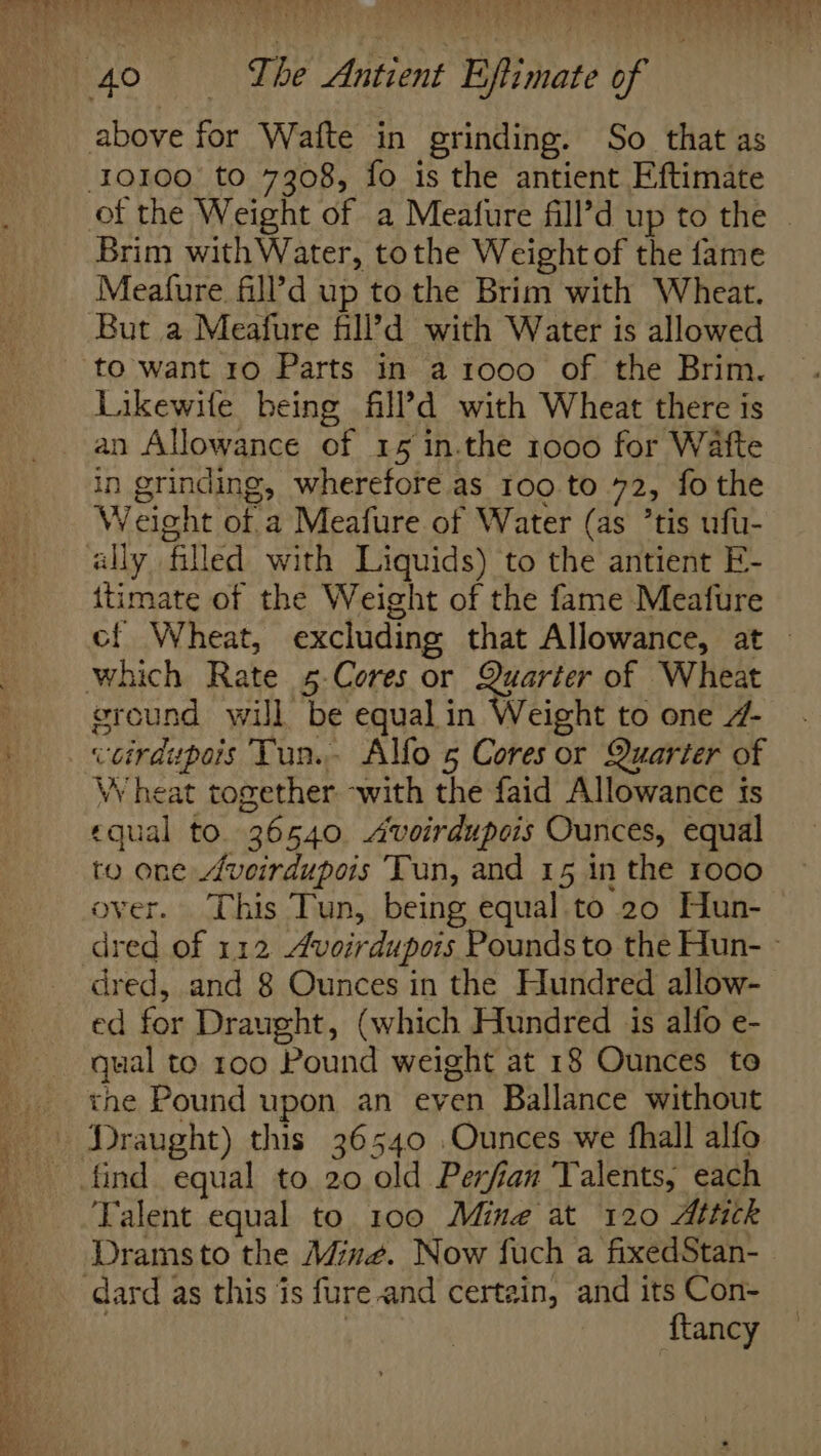 Brim withWater, tothe Weight of the fame Meafure fill’d up to the Brim with Wheat. But a Meafure fll?’d with Water is allowed Likewife being fill’d with Wheat there is an Allowance of 15 in.the 1000 for Wafte in grinding, wherefore as 100 to 72, fo the Weight of a Meafure of Water (as ’tis ufu- itimate of the Weight of the fame Meafure which Rate 5-Cores or Quarter of Wheat coirdupois Tun.- Alfo 5 Cores or Quarter of Wheat together -with the faid Allowance fs equal to. 36540 &lt;Avoirdupois Ounces, equal to one Aveirdupois Tun, and 15 in the ro00 over. This Tun, being equal to 20 Hun- dred, and 8 Ounces in the Hundred allow- ed for Draught, (which Hundred is alfo e- qual to 100 Pound weight at 18 Ounces to the Pound upon an even Ballance without Talent equal to 100 Mine at 120 Attick {tancy