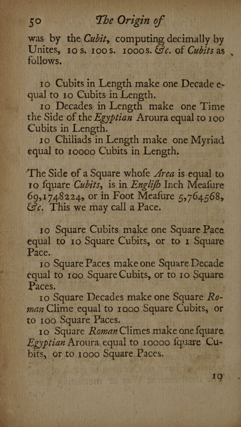 f° aS : 2S Fos ges = ae ot was by the Cudit, computing decimally by Unites, 10s. 100s. 10008. &amp;¢. of Cubits as . follows. . 19 Cubits in Length make one Decade e- 10 Decades in Length make one Time the Side of the Egyptian Aroura equal to 100 Cubits in Length. ro Chiliads in Length make one iin 54 equal to 10000 Cubits in Length. 10 fquare Cudits, is in Englf/b Inch Meafure 69,1748224, or in Foot Meafure sap aiiied ic. This we may. call a Pace. 10 Square Cubits. make one Square Bate equal to 10 Square Cubits, or to 1 Square Pace. - 10 Square Paces make one Square Decade equal to 100 Square Cubits, or to 10 Square Paces. 10 Square Decades make one Square Ro- man Clime equal to 1009 Square Cubits, or to 100 Square Paces. | 10 Square Roman Climes make one fquare Egyptian Aroura equal to 10000 fquare Cu- 19