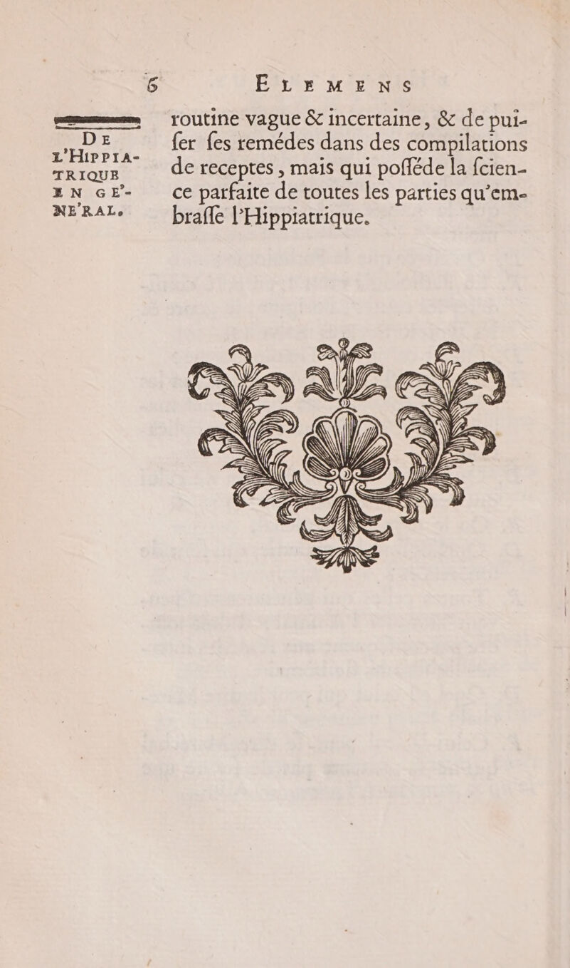 En E L'HipprA- ÉLEMENS routine vague &amp; incertaine, &amp; de pui- fer {es remédes dans des compilations de receptes , mais qui pofféde la fcien- ce parfaite de toutes les parties qu’em- braffe l’'Hippiatrique.