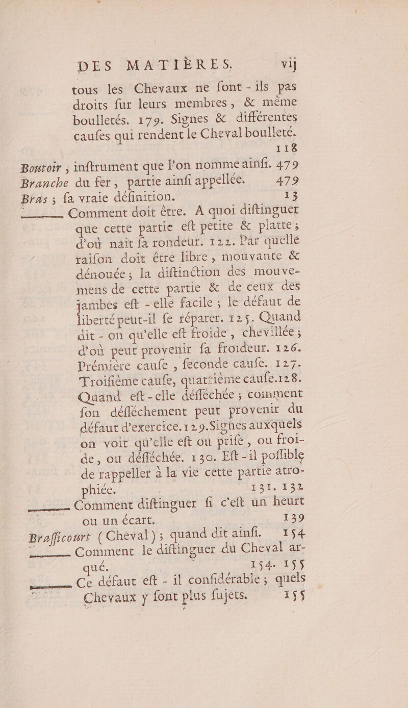 tous les Chevaux ne font-ils pas droits fur leurs membres, &amp; même boulletés. 179. Signes &amp; différentes caufes qui rendent le Cheval boullete. 118 Boutoir , inftrument que l’on nomme ainfi. 479 Branche du fer, partie ainfi appelée. 479 Bras ; fa vraie définition. 13 !____ Comment doit être. À quoi diftinguer que cette partie eft petite &amp; platte; d'où nait fa rondeur. 122. Par quellé ; raifon doit être libre, mouvante &amp; dénouée ; la diftinétion des mouve- mens de cette partie &amp; de ceux des jambes eft - elle facile ; le défaut de liberté peut-il fe réparer. 125. Quand dit - on qu’elle eft froide, chevillée ; d'où peut provenir fa froideur. 126. Prémière caufe , feconde caufe. 127. Troifième caufe, quatième caufe.r28. Quand eft-elle défféchée ; comment fon défléchement peut provenir du défaut d'exercice. 12 9.Sighes auxquels on voit qu’elle eft où prife, ou froi- de, ou défféchée. 130. Eft-il poilible de rappeller à la vie cette partie atro- phiée. as 132 ———— Comment diftinguer fi c’eft un heurt ou un écart. 139 Brafficosrt (Cheval) ; quand dit ainfi. 154 s Comment le diftinguer du Cheval ar- qué. 154 155 Ge défaut eft - il confidérable; quels Chevaux y font plus fujets. 155$ Ps