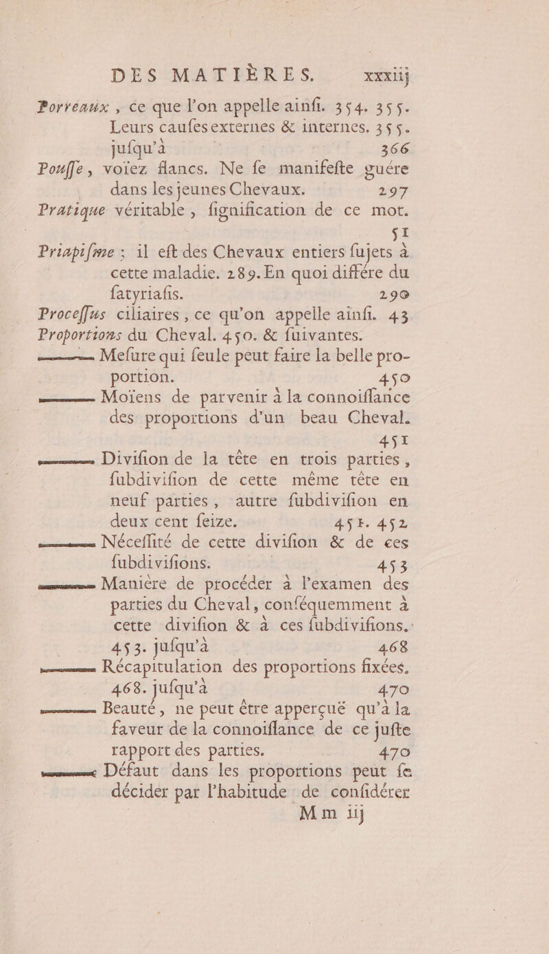 Porrenux , ce que l’on appelle ainfi. 354. 355. Leurs caufesexternes &amp; internes. 355. jufqu'à | L'ae Poule, voïez flancs. Ne fe manifefte guére dans les jeunes Chevaux. 297 Pratique véritable , fignification de ce mot. SI Priapifime ; il eft des Chevaux entiers fujets à cette maladie. 289. En quoi diffère du fatyriafis. 290 Proceffus ciliaires , ce qu'on appelle ainfi. 43 Proportions du Cheval. 450. &amp; fuivantes. — Mefure qui feule peut faire la belle pro- portion. 450 ——— Moïens de parvenir à la connoiflance des proportions d’un beau Cheval. 457 —.— Divifionde la tête en trois parties, fubdivifion de cette même tête en neuf parties, autre fubdivifion en deux cent feize. 4SE. 452 —.… Nécelité de cette divifion &amp; de €es fubdivifions. 453 mm Manière de procéder à l'examen des parties du Cheval, conféquemment à cette divifion &amp; à ces fubdivifions. 453. jufqu'à 468 … Récapitulation des proportions fixées. 4638. jufqu’à 470 Beauté, ne peut être apperçué qu'à la faveur de la connoiflance de ce jufte rapport des parties. 470 mt Défaut dans les proportions peut fe décider par l’habitude de confidérer | Mm iij