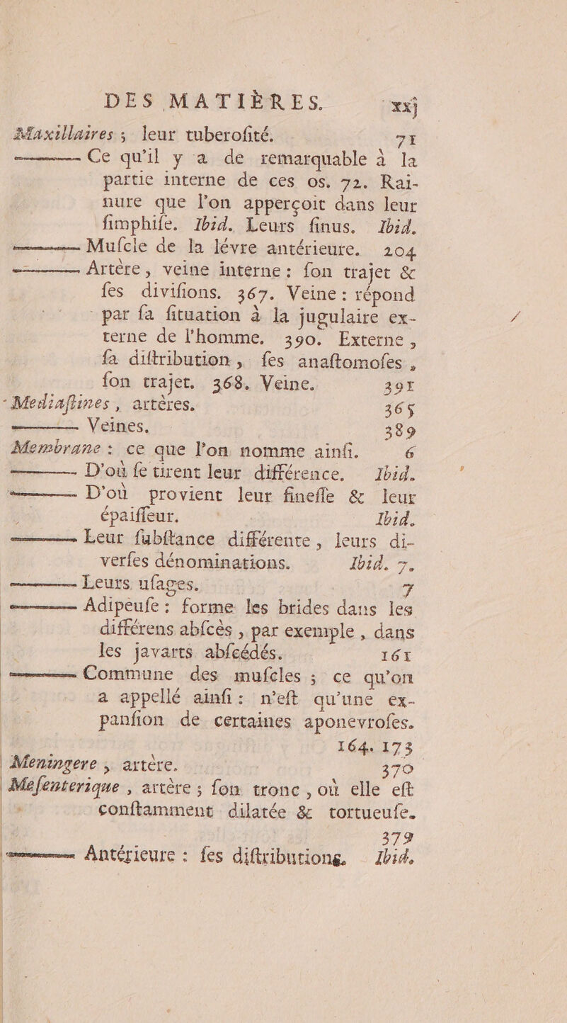 Masxillaires ; leur tuberofité. 72 Ce qu'il y a de remarquable à la partie interne de ces os. 72. Rai- nure que l’on apperçoit dans leur fimphile. Ibid. Leurs finus. Zbid. Mufcie de la lévre antérieure. 2104 Artère, veine interne : fon trajet &amp; fes divifions. 367. Veine: répond par fa fituation à la jugulaire ex- terne de l'homme. 390. Externe, fa diftribution , fes anaftomofes , fon trajet. 368, Veine. 39€ -Mediaflines, artères. 36$ — Veines. 389 Membrane : ce que l’on nomme ainfi. 6 D'où fe tirent leur différence. Ibid. D'où provient leur finefle &amp; leur épaifleur. Ibid. Eeur fubftance différente, leurs di- verfes dénominations. Ibid, 7. Leurs ufages. Fa Adipeufe : forme les brides dans les différens abfcès , par exemple , dans les javarts abfcédés. 161 Commune des mufcles ; ce qu’on a appellé ainfi: n'eft qu'une ex- panfion de certaines aponevrofes. | 164. 173 | Meningere ; artère. 370 Mefenterique , artère ; fon tronc , où elle eft conftamment dilatée &amp; tortueufe. 313 em Antéricure : fes difributiong Zbid,