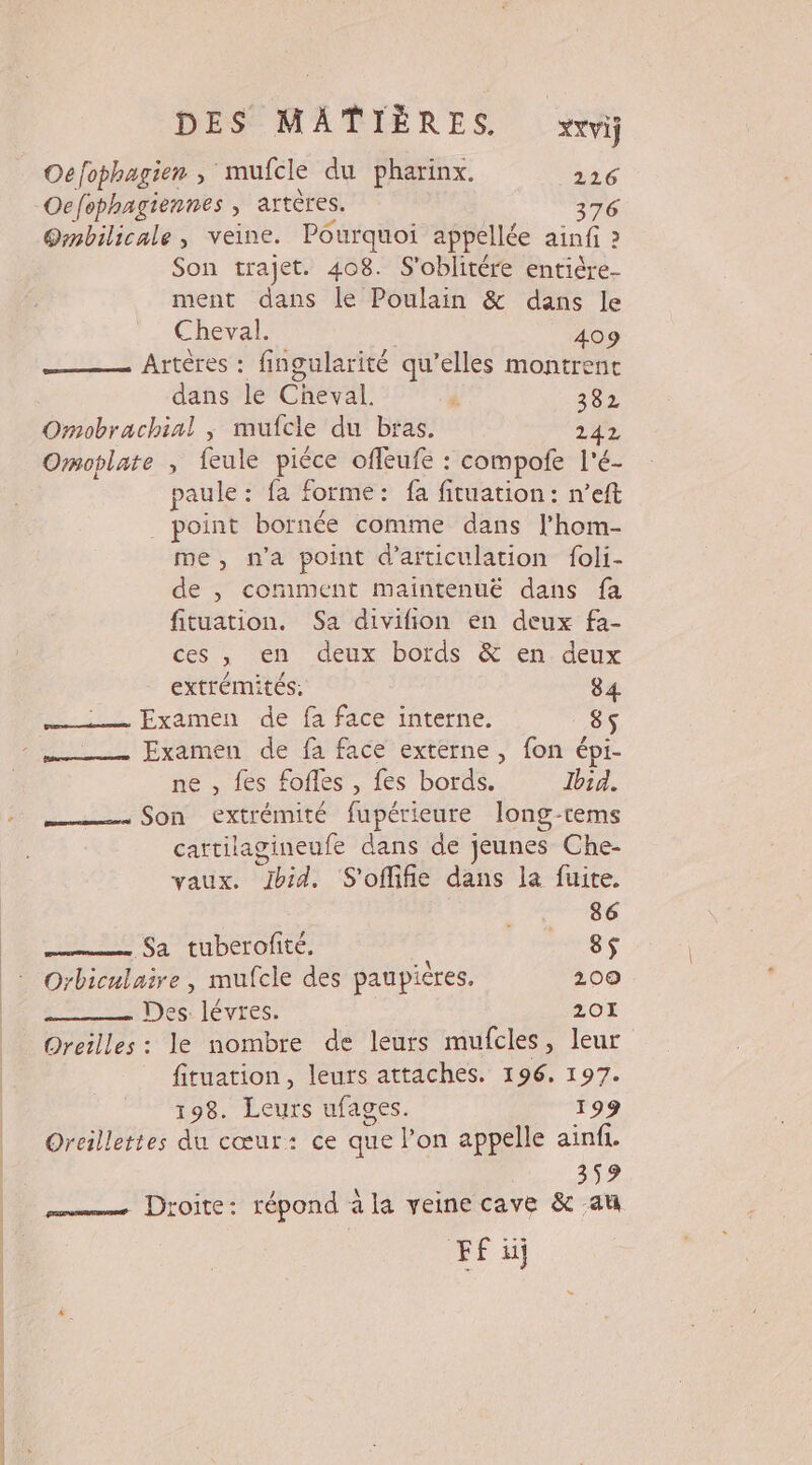 Oefophagien , mufcle du pharinx. 226 Oefophagiennes , artères. 376 Qrmnbilicale, veine. Pourquoi appellée ainfi 2 Son trajet. 408. S’oblitére entière- ment dans le Poulain &amp; dans le Cheval. 409 Artères : fingularité qu’elles montrenc dans le Cheval À 382 Omobrachial , mufcle du bras. 7 Omoblate , futé piéce ofleufe : compofe l'é paule : : fa forme: fa fituation:n ef . point bornée comme dans l’hom- me, n’a point d’articulation foli- de , comment maïintenuë dans fa fituation. Sa divifion en deux fa- ces , en deux bords &amp; en deux - extrémités. 84 Examen de fa face interne. 8s 17.1 Examen de fa face externe | fon-épi- ne , fes fofles , fes bords. Ibid. LD SGA CXTÉNMTÉ fupérieure long-tems cartilagineufe dans de jeunes Che- vaux. Ahid: S'oflifie dans la fuite. | 86 Sa tuberofité. 8$ Orbiculaire , mufcle des paupières. 200 Des. lévres. 201 Oreilles : le nombre de leurs mufcles, leur fituation, leurs attaches. 196, 197. 198. Leurs ufages. 199 Oreillettes du cœur: ce que lon appelle ainfi. 359 mms Droite: répond à la veine cave &amp; au FE