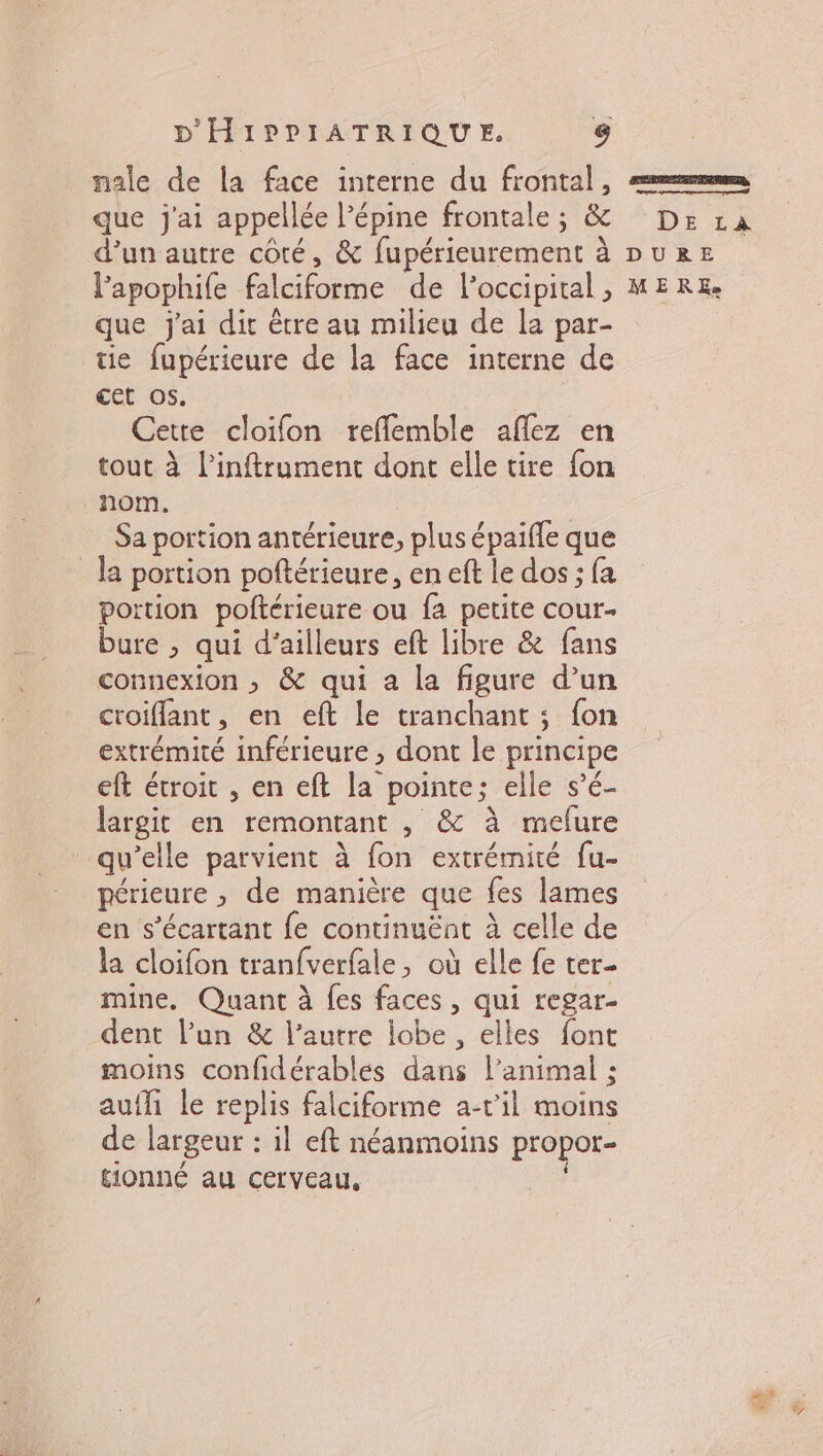 nale de la face interne du frontal, —. que j'ai dit être au milieu de la par- tie fupérieure de la face interne de cet os. Cette cloifon refflemble aflez en tout à l’inftrument dont elle tire fon nom. | Sa portion antérieure, plus épaifle que la portion poftérieure, en eft le dos ; fa portion poftérieure ou fa petite cour- bure , qui d’ailleurs eft libre &amp; fans connexion ; &amp; qui a la figure d’un croiflant, en eft le tranchant ; {on extrémité inférieure , dont le principe eft étroit , en eft la pointe; elle s’é- largit en remontant , &amp; à melure qu’elle parvient à fon extrémité fu- périeure , de manière que fes lames en s’écartant fe continuënt à celle de la cloifon tranfverfale, où elle fe ter- mine. Quant à fes faces, qui regar- dent l’un &amp; l’autre lobe , elles font moins confidérables dans l'animal ; auffi le replis falciforme a-vil moins de largeur : il eft néanmoins propor- tionné au cerveau, 1