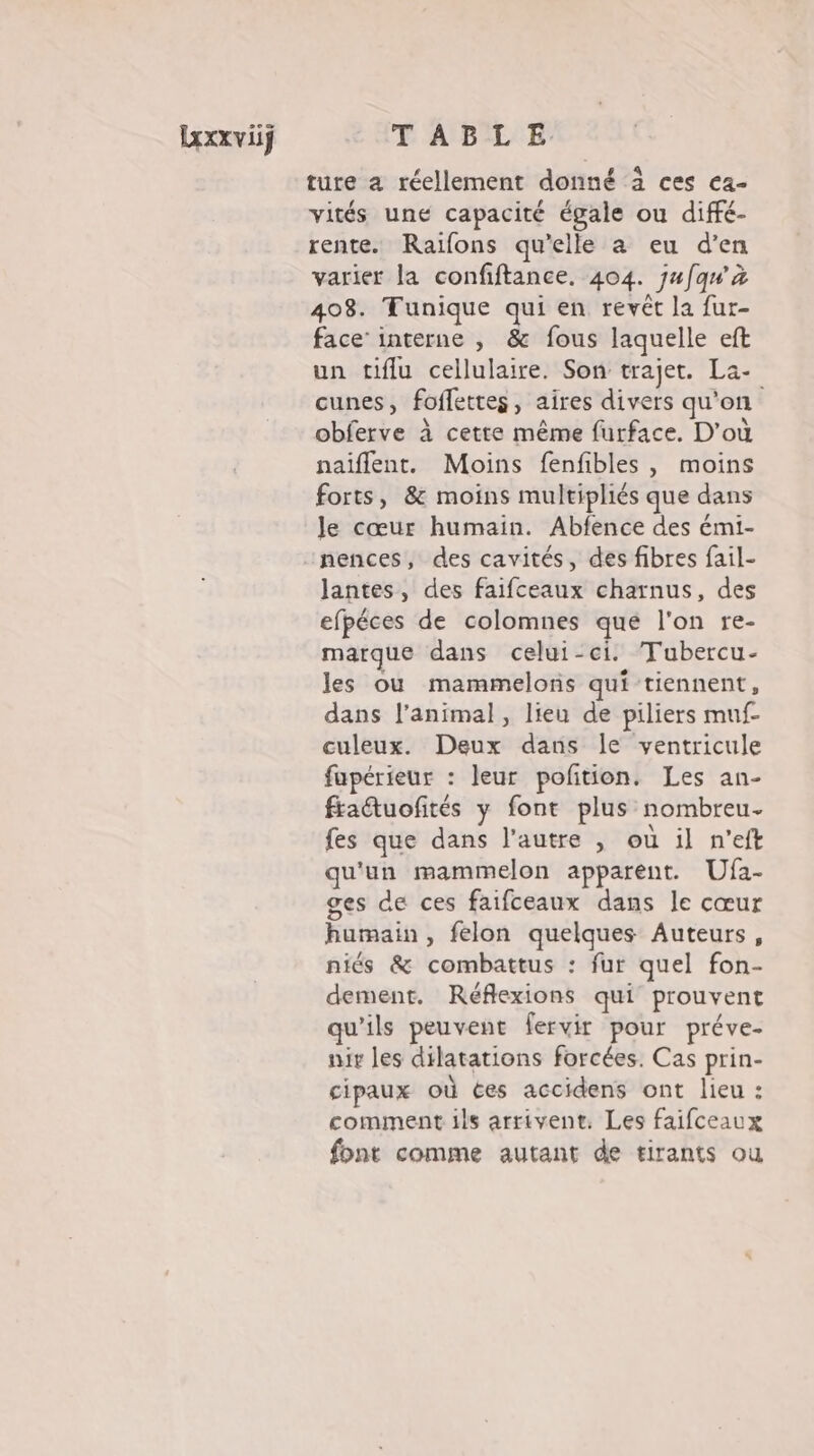 Lrxxviÿ TABLE. ture a réellement donné 3 ces €a- vités une capacité égale ou diffé- rente. Raïfons qu’elle a eu d’en varier la confiftance. 404. jufqu'à 408. Tunique qui en revêt la fur- face’ interne , &amp; fous laquelle eft un tiflu cellulaire. Son trajet. La- cunes, foflettes, aires divers qu'on obferve à cette même furface. D'où naiflent. Moins fenfibles , moins forts, &amp; moins multipliés que dans le cœur humain. Abfence des émi- nences, des cavités, des fibres fail- lantes, des faifceaux charnus, des efpéces de colomnes que l'on re- marque dans celui-ci. Tubercu- les où mammelons qui tiennent, dans l'animal, lieu de piliers muf- culeux. Deux dans le ventricule fapérieur : leur potion. Les an- fatuofités y font plus nombreu- fes que dans l'autre | où il n’eft qu'un mammelon apparent. Ufa- ges de ces faifceaux dans le cœur humain, felon quelques Auteurs, niés &amp; combattus : fur quel fon- dement. Réflexions qui prouvent qu’ils peuvent fervir pour préve- nir les dilatations forcées. Cas prin- cipaux où ées accidens ont lieu : comment ils arrivent. Les faifceaux font comme autant de tirants ou