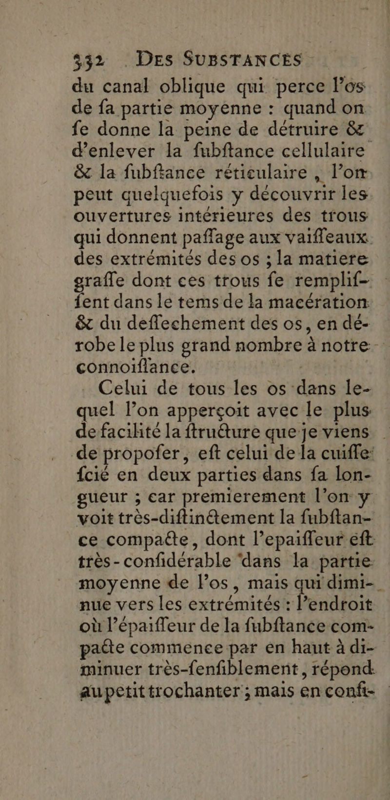 du canal oblique qui perce los de fa partie moyenne : quand on fe donne la peine de détruire & d’enlever la fubftance cellulaire & la fubfiance réticulaire | l’on peut quelquefois y découvrir les ouvertures intérieures des trous qui donnent paflage aux vaifleaux des extrémités des os ; la matiere grafle dont ces trous fe remplif- fent dans le tems de la macération & du deflechement des os, en dé- robe le plus grand nombre à notre connoiflance. Celui de tous les os dans le- quel l’on apperçoit avec le plus: de facihté la ftruéture que je viens de propofer, eft celui de la cuiffe: {cié en deux parties dans fa lon- gueur ; car premierement l’on y voit très-diftin@&ement la fubftan- ce compacte, dont l’epaiffeur eft très- confidérable ‘dans la partie moyenne de los, mais ee dimi-. nue vers les extrémités : l’endroit où l’épaiffeur de la fubftance com- patte commence par en haut à di- minuer très-fenfiblement, répond: aupetittrochanter ; mais enconft-