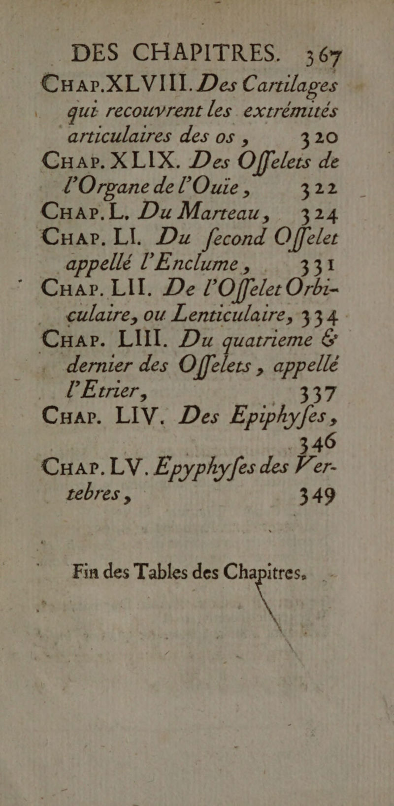 _ . DES CHAPITRES. 36% Cuar.XLVIII Des Cartilages que recouvrent les extrémités articulaires des os , 320 Car. XLIX. Des Offelers de l’Orpane de l’'Ouie , 322 CHar.L. Du Marteau, 324 Cuar. LIL D fecond Offeler appellé l'Enclume, : 331 Cnar. LIT. De Z’Offeler Orbz- . culaire, ou Lenticulaire, 334 Car. LIT. Du quarrieme & . dernier des Offelers , appellé . l'Etrier, 4497 Cuar. LIV. Des Epiphyfes, | 346 Cuar.LV.Epyphyfes des Ver- rebres , 349 Fin des Tables des Mg r