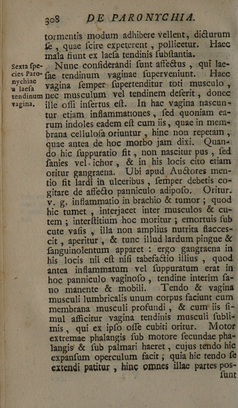 43938 — DE PARONYCHIA. tormentis modum adhibere vellent; didturum fe , quae fcire expeterent , pollicetur. Haec mala fiunt ex laefa tendinis fubftantia. 'a laefa vagina femper fupertenditur toti musculo , vagina, ille offi infertus eít. In hac vagina nascun- tur etiam. inflammationes , fíed quoniam ea- rum indoles eadem eít cum iis, quae in mem- brana cellulofa oriuntur , hinc. non repetam , quae antea de hoc morbo jam dixi. Quan-. do hic fuppuratio fit, non nascitur pus , fed fanies vel.ichor, &amp; in his locis cito etiam oritur gangraena. Ubi apud Auctores men- tio fit lardi in ulceribus , femper debetis co- gitare de affe&amp;o panniculo adipofo. Oritur. v. g. inflammatio in brachio &amp; tumor ; quod hic tumet , interjacet inter musculos &amp; cu- tem ; interítitium hoc moritur ; emortuis fub cute vafis , illa non amplius nutrita flacces- cit , aperitur , &amp; tunc illud lardum pingue &amp; fanguinolentum apparet : ergo gangraena in his locis nii:eft nifi tabefactio illius , quod antea inflammatum vel fuppuratum erat in hoc panniculo vaginofo , tendine interim fa- no manente &amp; mobili. T'endo &amp; vagina musculi lumbricalis unum corpus faciunt cum membrana musculi profundi , &amp; cum iis fi- mul afficitur vagina tendinis musculi fuübli- mis, qui ex ipfo offe cubiti oritur. Motor extremae phalangis fub motore fecundae pha- langis &amp; fub palmari haeret , cujus tendo hic expanfum operculum facit; quia hic tendo fe extendi patitur , hinc omnes illae partes - unt