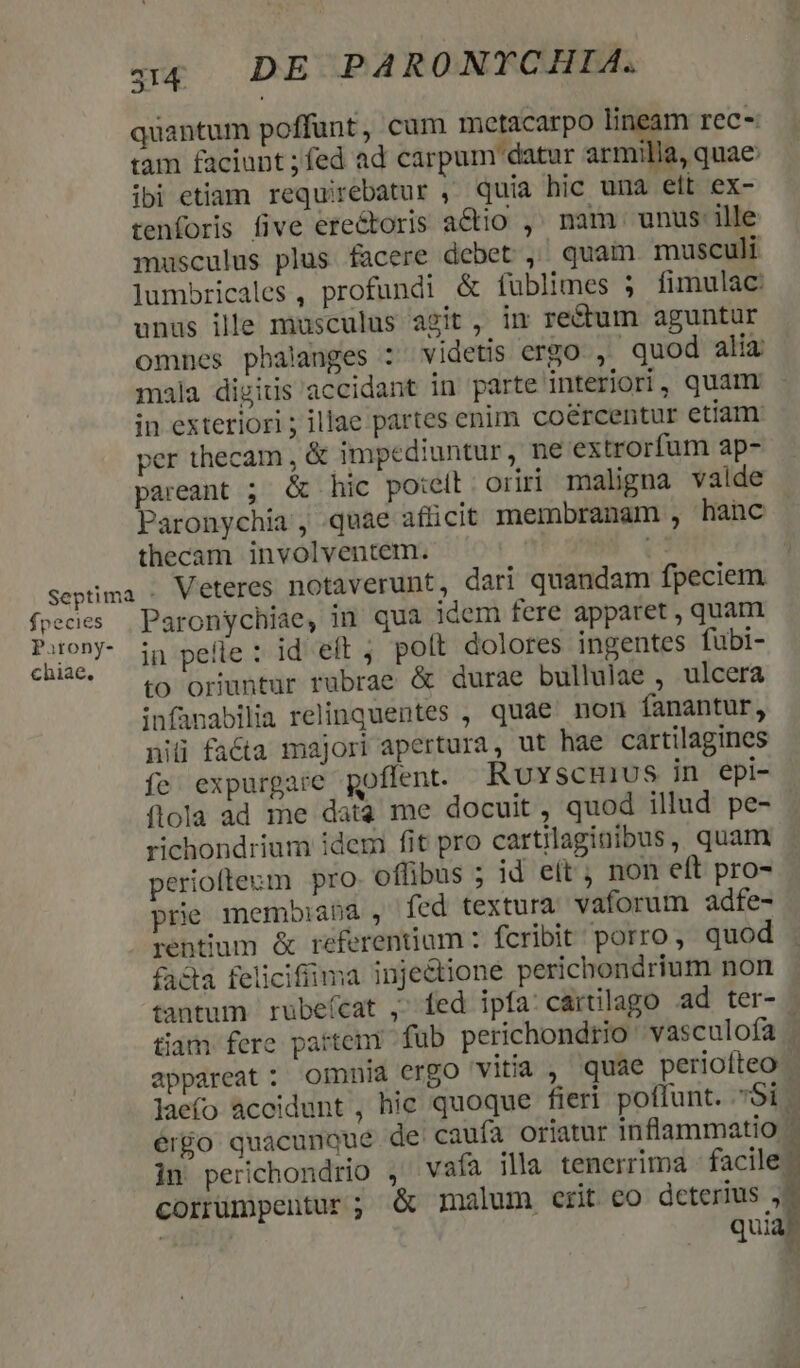 Septim fpecies Parony- chiae, 434. DE PARONTCHIA. ibi etiam requirebatur , quia hic una elt ex- tenforis five ere&amp;toris a&amp;io , nam unus ille musculus plus facere debet ,. quam musculi unus ille musculus agit, im re&amp;um aguntur mala digitis 'accidant in parte interiori, quam in exteriori ; illae partes enim coércentur etiam. per thecam , &amp; impediuntur, ne extrorfum ap- pareant ; &amp; hic po:elt oriri maligna valde Paronychia , quae afüicit membranam , hanc thecam involventem. - Veteres notaverunt, dari quandam fpeciem Paronychiae, in qua idem fere apparet , quant in peíle : id eft ; polt dolores ingentes fubi- to oriuntur rubrae &amp; durae bullulae , ulcera infanabilia relinquentes , quae non fanantur, niü facta majori apertura, ut hae cartilagines fe expurgare poflent. RuvscHivs in epi- flola ad me data me docuit, quod illud pe- richondrium idera fit pro cartilaginibus, quam periofteum pro. offibus ; id eít ; non eft pro- prie membiana , fed textura vaforum adfe- rentium &amp; referentium : fcribit porro, quod facta feliciffima injectione perichondrium non