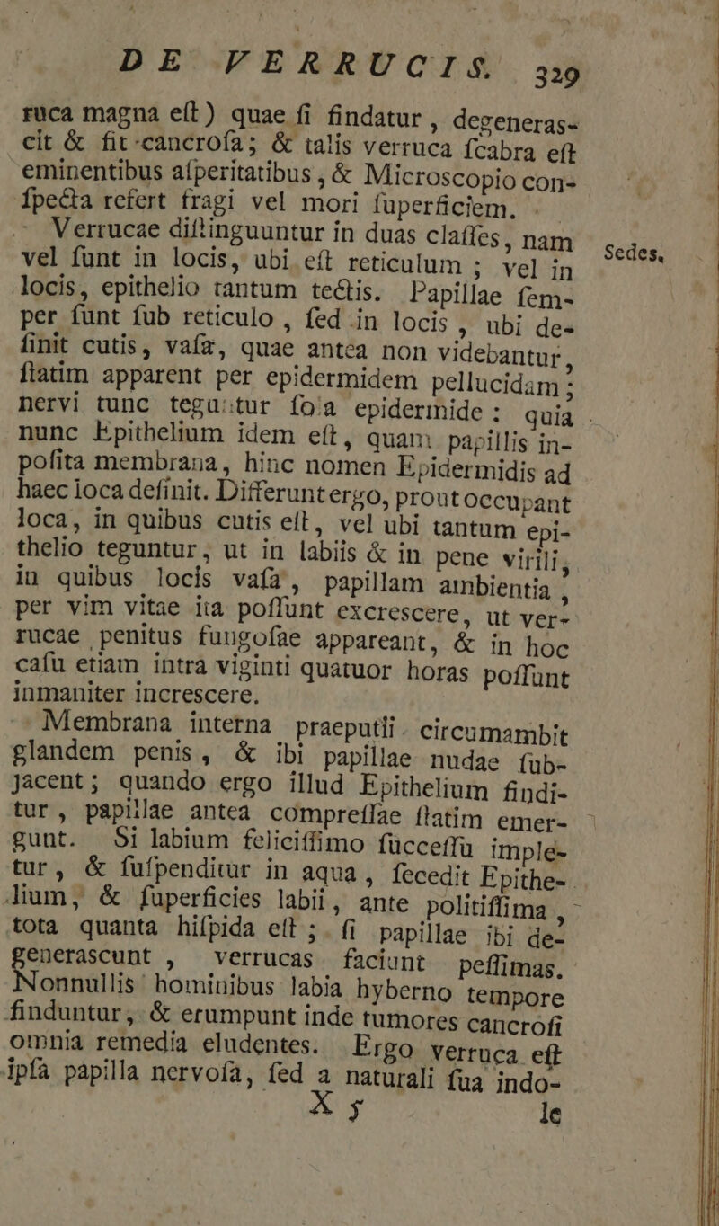 DEPFERERUCIAS. ruca magna eít) quae fi findatur , degeneras- cit &amp; fit-cancrofa; &amp; talis verruca fcabra eft eminentibus aíperitatibus , &amp; Microscopio con- Ípeda refert fragi vel mori fuperficiem. | Verrucae dittinguuntur in duas claffes, nam vel funt in locis, ubi eft reticulum ; vel ig locis, epithelio tantum te&amp;tis. Papillae fem- per funt fub reticulo , fed iin locis ; übi de- finit cutis, vaíz, quae antea non videbantur, fiatim. apparent per epidermidem pellucidam ; nunc Epithelium idem eít, quam papillis in- pofita membrana, hinc nomen Epidermidis ad haec loca definit. Ditferuntergo, prout Occupant loca, in quibus cutis eft, vel ubi tantum epi- thelio teguntur, ut in labiis &amp; in. pene virili j iu quibus locis vafa, papillam ambientia , per vim vitae iià poffünt excrescere, ut ver- rucae penitus fuugofae appareant, &amp; in hoc cafu etiam intra viginti quatuor horas poffunt inmaniter increscere. Membrana interna praeputli circumambit glandem penis, &amp; ibi papillae nudae fub- Jacent; quando ergo illud Epithelium findi- tur, papillae antea compreffae flatim emer- gunt. 5i labium feliciffimo fücceffu imple- tota quanta hifpida efl ;. fi papillae ibi de- enerascunt , verrucas faciunt peffimas, AN DABGINY hominibus labia hyberno tempore finduntur,. &amp; erumpunt inde tumores cancrofi omnia remedia eludentes. Ergo. verruca eft ipfa papilla nervoía, fed a naturali fua indo- ^ le Sedes,