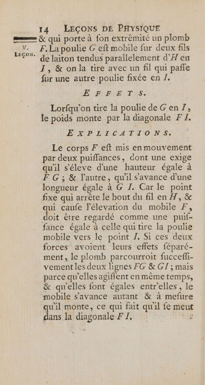 JE, LECON. F.La poulie G eft mobile fur deux fils de laiton tendus parallelement d’H en I, &amp; onla tire avec un fil qui pañle fur une autre poulie fixée en J. EFFETS. Lorfqu'on tire la poulie de Gen 7, le poids monte par la diagonale F 1. EXPLICATIONS. Le corps F eft mis enmouvement par deux puiflances, dont une exige qu'il s'éleve d’une hauteur égale à F G ; &amp; l’autre, qu'il s'avance d'une longueur égale à G I. Car le point fixe qui arrête le bout du fil en 7, &amp; qui caufe Pélevation du mobile F, doit être regardé comme une puif- fance égale à celle quitire la poulie mobile vers le point Z. Si ces deux forces avoient leurs effets {éparé- ment, le plomb parcourroit fucceff- vement les deux lignes FG &amp; GI ; mais parce qu'elles agiflent enmême temps, &amp; qu'elles font égales entrelles , le mobile s'avance autant &amp; à mefure qu'il monte, ce qui fat qu'il fe meut dans la diagonale F I. |