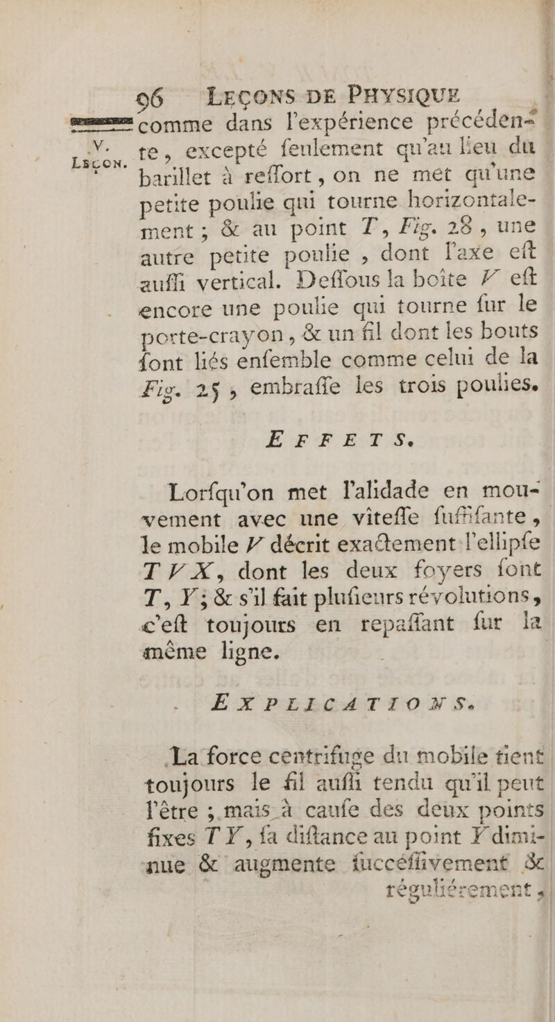 Ve L5coN. 96 LEÇONS DE PHYSIQUE | comme dans l'expérience précéden&lt; te, excepté feulement qu'au leu du barillet à reflort, on ne met qu'une petite poulie qui tourne horizontale- ment ; &amp; au point T, Fig. 28, une autre petite poulie , dont l'axe eit auffi vertical. Deffous la boite F7 eff encore une poulie qui tourne fur le porte-crayon, &amp; un fil dont les bouts font liés enfemble comme celui de la Fig. 25, embrafle les trois poulies. ETR ETS: Lorfqu'on met l'ahdade en mou- vement avec une vitefle fufifante, le mobile 7 décrit exatement l’ellipfe T VX, dont les deux foyers font T, V3 &amp; s'il fait plufieurs révolutions, c'eft toujours en repañlant fur la mème ligne. EX PLECGATTO NS: La force centrifuse du mobile tient toujours le fil aufl tendu qu'il peut l'être ;. mais à caufe des deux points fixes T Y, {a diflance au point F dimi- L LL { réguliérement 3]