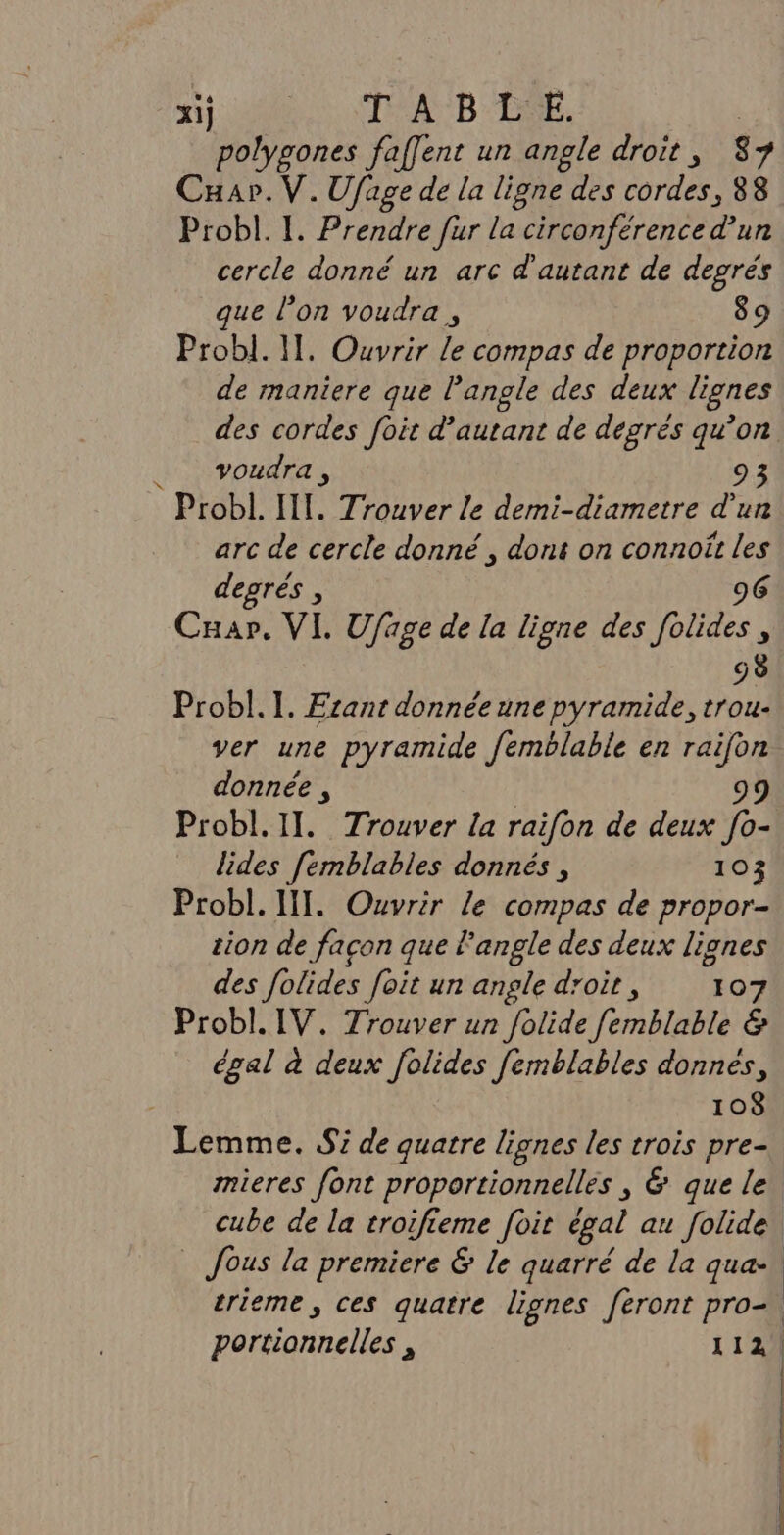 polygones faffent un angle droit, 87 Cuar.V.Ufage de la ligne des cordes, 88 Probl. I. Prendre fur la circonférence d’un cercle donné un arc d'autant de degrés que l’on voudra, 89 Probl. II. Ouvrir le compas de proportion de maniere que Pangle des deux lignes voudra , * Probl. IE. Trouver le demi-diametre d'un arc de cercle donné , dont on connoft les degrés , 96 Cuar. VI. Ufage de la ligne des folideés , 98 Probl.]. Ezant donnée une pyramide, trou- ver une pyramide femblable en raijon donnée , | 99 Probl.1I. Trouver la raifon de deux [o- lides [emblables donnés , 103 Probl. II. Ouvrir Le compas de propor- tion de facon que l’angle des deux lignes des folides foit un angle droit, 107 Probl. IV. Trouver un folide Nembisble &amp; égal à deux folides fermblables donnés, 108 | Lemme. Side quatre lignes les trois pre- mieres font proportionnelles , &amp; que le | | |