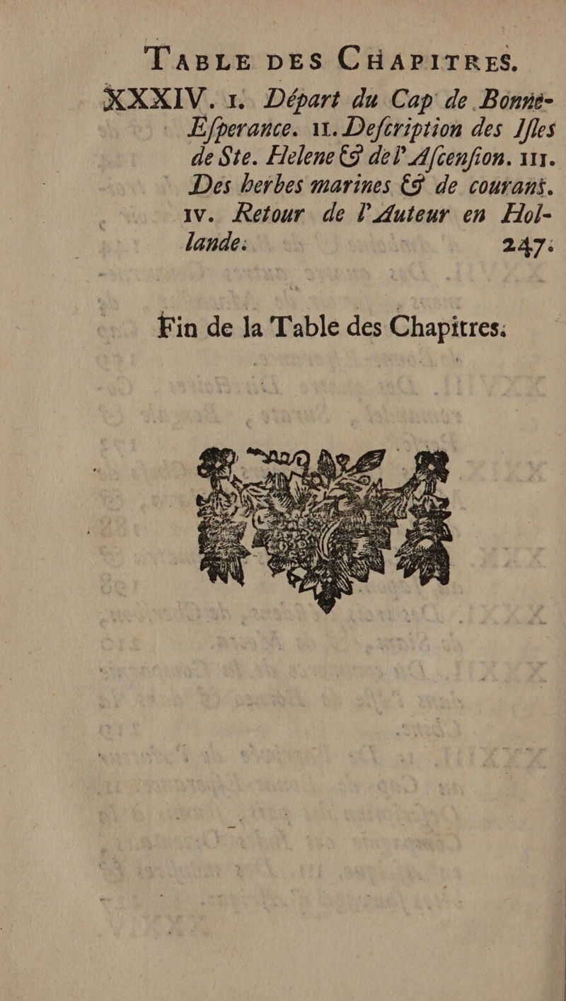 XXXIV. 1. Départ du Cap de. Bonne- E/perance. 11. Defeription des Ifles de Ste. Helene 9 del Afcenfion. 111. Des herbes marines € de courans. av. Retour de P’Auteur en Hol- lande: 247: Fin de la Table des Chapitres: