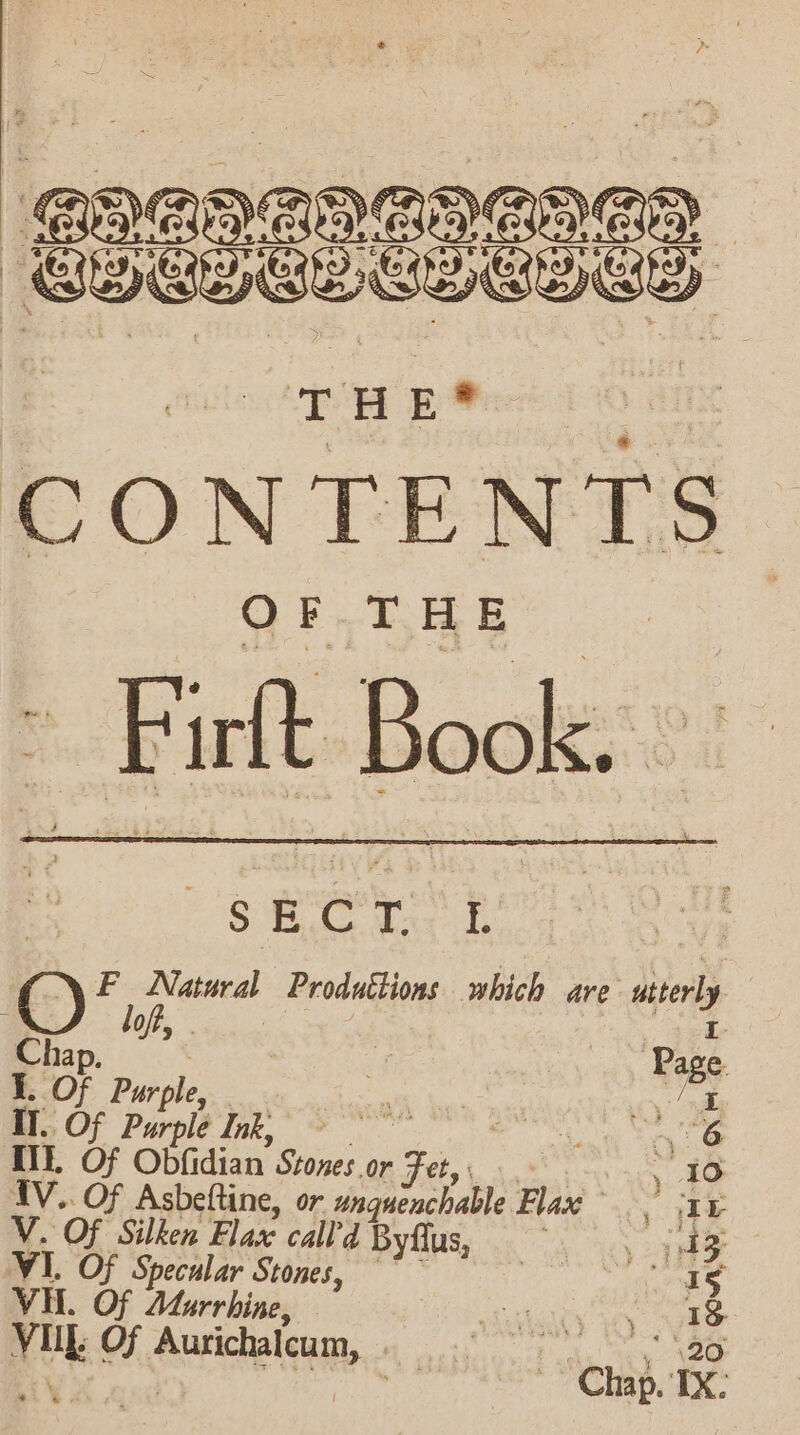 Y THE* OF THE Firlt Book. | SHEETS FT &amp;) 2 F ee Productions which are tel Cha pai J Of NSS | ae IT. Of Purple Ink, ccd 46 Lit. Of Obfidian on or ie , 10 IV.. Of Asbeftine, or snguinehable B Flax crate ¢ V. Of Silken Flax call’d d Byflus, eee VI. Of ah Stones, | fee 14 VL. Of Mdurrhine, = Pyle sey nae att Of Auricalcum, A