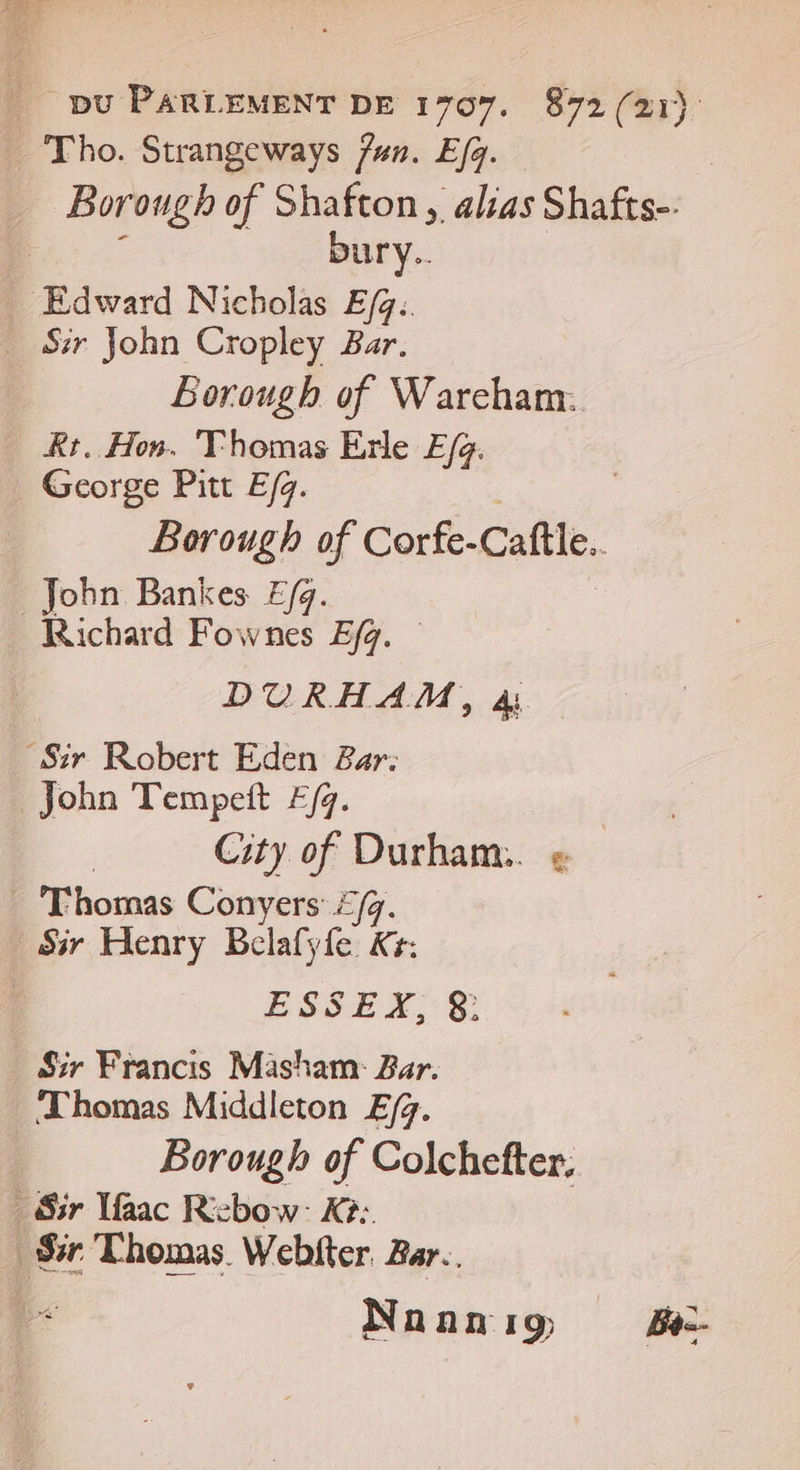 Borougb of Shafton , ‘alias Shafts-. Dury.. Borough of Wareham. Rr. Hon. Thomas Erle E/fg. George Pitt E/q. Borough of Corfe-Caftle. Richard Fownes E/g. DURHAM, à | City of Durham. &amp; Thomas Conyers £/g. ESSEX € Sir Francis Mäsham Zur. Thomas Middleton E/g. Borough of Colchefter.