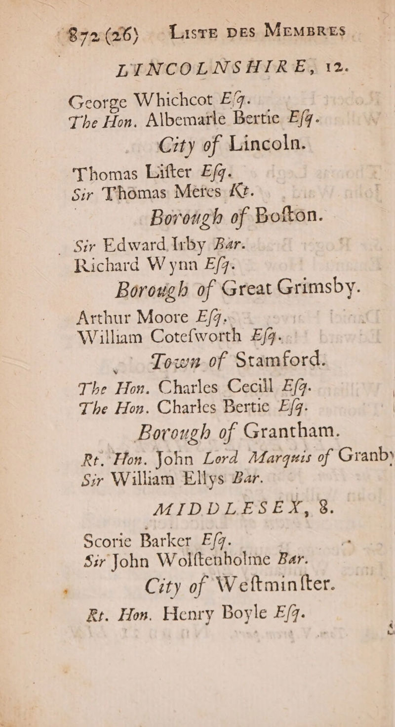 (By2(26) Lasre Des Meusres | LINCOLNSHIRE, 12. George Whichcot E/. The Hon. Albemaïle Bertie E/g. City of Lincoln. Thomas Lifter E/g. Sir Thomas Meres 4. Borough of Bofton. _ Sir Edward.Irby Bar. Richard W yna E/q. Borowgh of Great Grimsby. Arthur Moore E/g. Willam Cotefworth ÆE/4. Town of Stamford. The Hon. Charles Ceaill E/4. The Hon. Charles Bertic E/q. Borough of Grantham. Ft. Hon. John Lord Marquis of Granb) Sir William Ellys Bar. MIDDLESÉX, 8. Scorie Barker E/4. Sir John Wolftenholme Bar. City of Weftminfter. Rt. Hon. Henry Boyle E/7. | | ©».