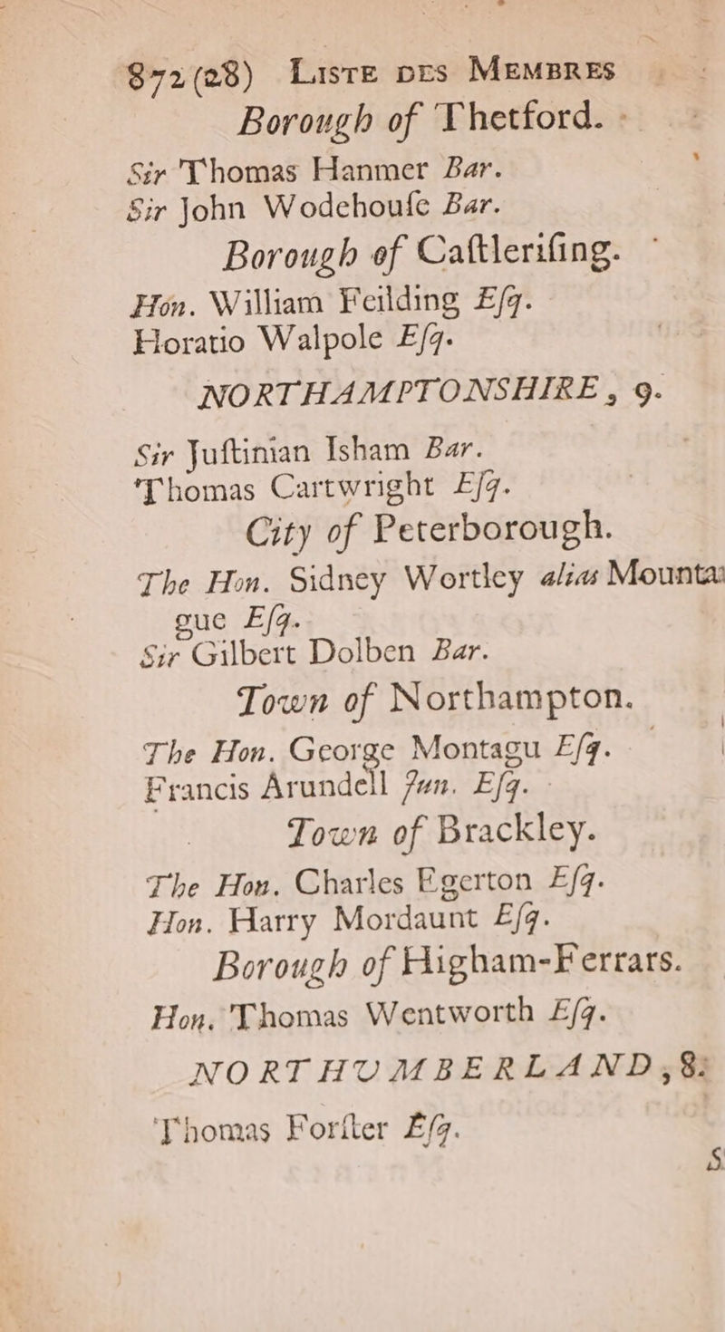 Borough of Thetford. : Sir Thomas Hanmer Bar. , Sir John Wodehoufc Bar. Borough ef Caftlerifing. Hon. William Feiding £E/g. Horatio Walpole E/q. NORTHAMPTONSHIRE , 9. Sir Juftinian Isham Bar. Thomas Cartwright Ejg. City of Peterborough. The Hon. Sidney Wortley 4/4 Mountx ouc E/4. Sir Guibert Dolben Bar. Town of Northampton. The Hon. George Montagu E/4. | Francis Arundell ?en. Ef. Town of Brackley. The Hon. Charles Egerton Æ/g. Hon. Harry Mordaunt E£/q. Borough of Higham-Ferrars. Hon, Thomas Wentworth £/4. NORTHVMBERLAND,8 ‘J'homas Foriter É/7. S