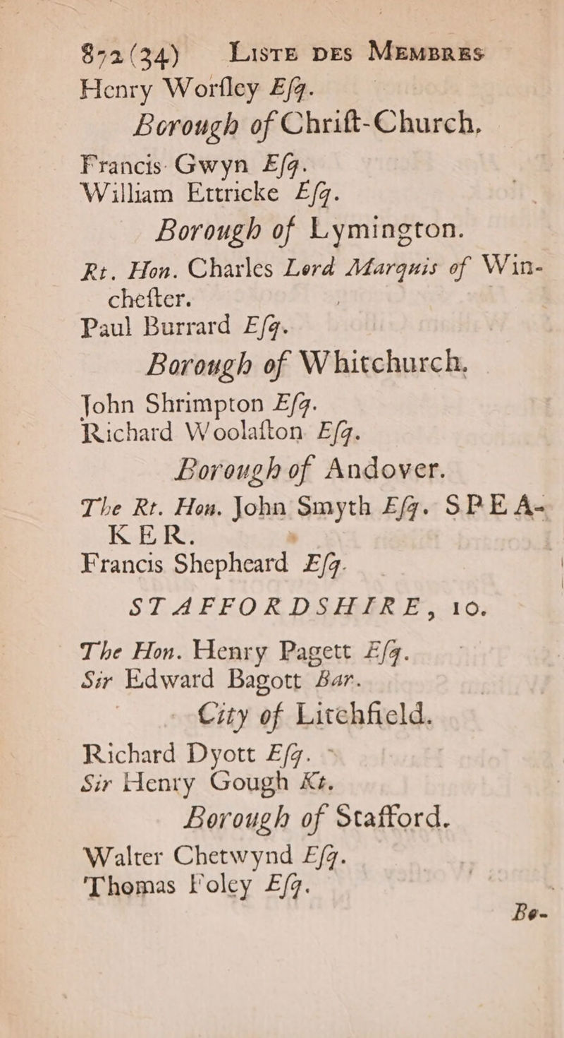 Henry Worfley E/4. Borough of Chrift-Church, Francis Gwyn E/q. William Ettricke E/4. Borough of Lymington. Rt. Hon. Charles Lerd ha ph of Win- chefter. Paul Burrard E/g. Borough of Whitchurch. John Shrimpton E/g. Richard Woolafton E/g. Borough of Andover. The Rt. Hon. John Seyth Ef. SRE A- KER. Francis Shepheard E/q. STAFFORDSHIRE, 10. The Hon. Henry Pagett Æ/4. Sir Edward Bagott Bar. City of Lirchfield. Richard Dyott £E/7. Sir Henry Gough &amp;4. Borough of Stafford. Walter Chetwynd E/g. Thomas l'oley E/g. Pe-