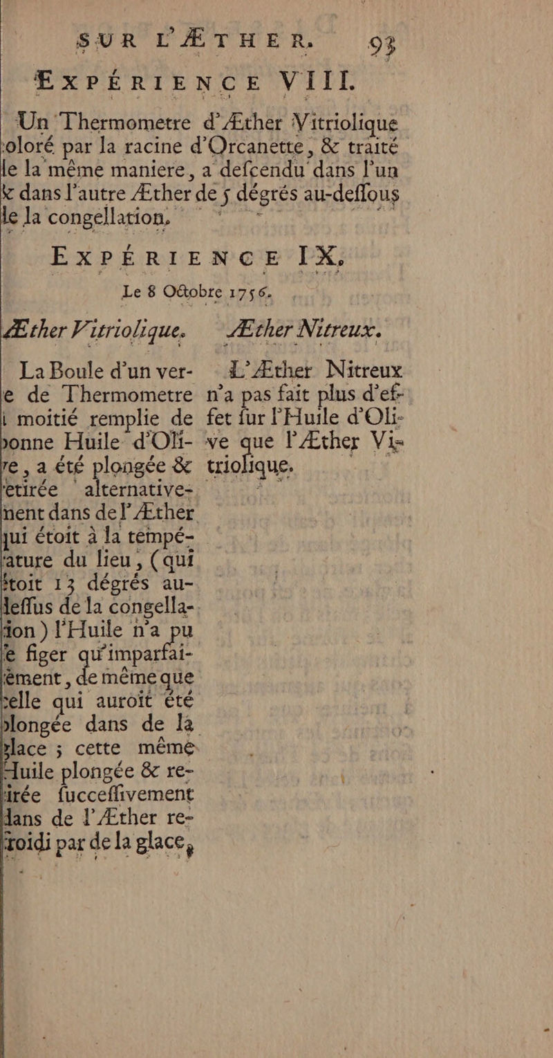 Æther Virriolique. La Boule d’un ver- e de Thermometre i moitié remplie de Te k ÿ La sonne Huile d'Of- A à LA re , a êté plongée &amp; ( e - e etirée alternative- ature du lieu, (qui ftoit 13 dégrés au- Jeffus de la congella- “on ) l'Huile n’a PE ai- Æther Nitreux. L’'Æther Nitreux n’a pas fait plus d’ef- fet fur l'Huile d'Oli- triohique.