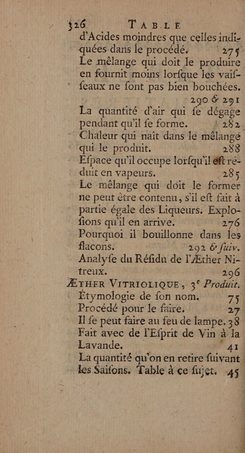 526 TABLE d’Acides moindres que celles indie quées dans le procédé, ‘275 Le mélange qui doit le produire en fournit moins lorfque les vaif- feaux ne font pas bien bouchées. 290 Ë 291 1: quantité d'air qui fe dégage pendant qu'il fe forme. 282. Chaleur qui naît dans lé mêlange qui le produit. 258 Efpace qu'il occupe lorfqu’ il ft re- duit en vapeurs. 285 Le mélange qui doit le former ne peut Ctre contenu, s'il eft fait à partie égale des Liqueurs. Explo- fions qu'il en arrive. 276 Pourquoi 1l bouillonne dans les flacons. 292 6 fiv. Analyfe du Réfidu de l'Æther Ni- treux. 296 ÆTHER VITRIOLIQUE, 3° Produir. . Étymologie de fon nom. Gi Procédé pour le faire. Il fe peut faire au feu de lampe. « Fait avec de l'Efprit de Vin al Lavande. Par La quantité qu’on en retire fuivant | les Saïfons. Table à ce fict, 45