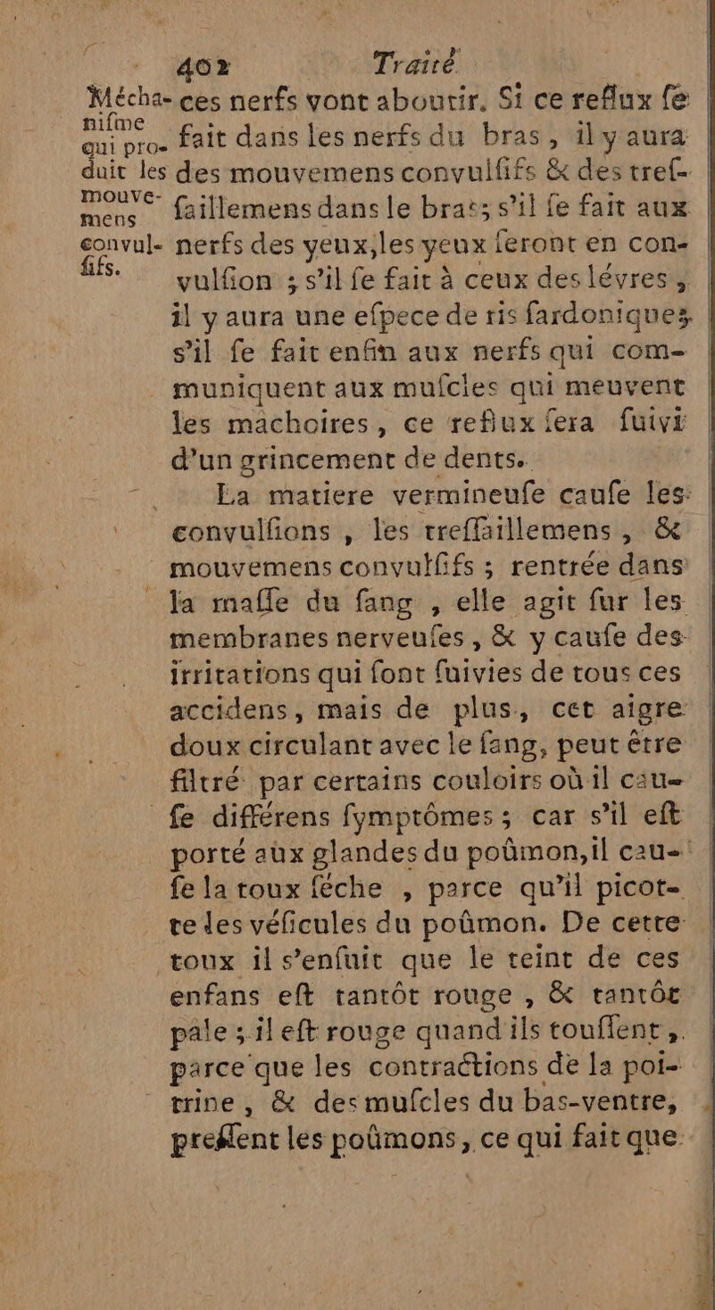 Mécha- ces nerfs vont aboutir, Si ce reflux fe | nifme qui pro fait dans les nerfs du bras, ily aura duit les des mouvemens convulfifs &amp; des tref- | mens faillemens dans le brat; s’il fe fait aux convul- nerfs des yeux, les yeux feront en con- | ; vulfion ; s’il fe fair à ceux des lévres, il y aura une efpece de ris fardoniques | s'il fe fait enfin aux nerfs qui com- | muniquent aux mufcies qui meuvent les machoires, ce reflux fera fuivé d’un grincement de dents. . + Ea matiere vermineufe caufe les: | convulfons , les treffillemens , &amp; _ mouvemens convulfifs ; rentrée dans la malle du fang , elle agit fur les membranes nerveufes , &amp; y caufe des: irritations qui font fuivies de tous ces accidens, mais de plus, cet aigre doux circulant avec le fang, peut être filtré par certains couloirs où1l cau- fe différens fymptômes ; car s’il eft porté aux glandes du poûmon,il cau-' | fe la toux féche , parce qu 1 picot- te des véficules du poûmon. De cette toux il s'enfuit que Île teint de ces enfans eft tantôt rouge , &amp; rantôe pale ;ileft rouge quand ils touflent,. parce que Îles contractions de la poi- trine , &amp; des mufcles du bas-ventre, predlent les poûmons, ce qui fait que.