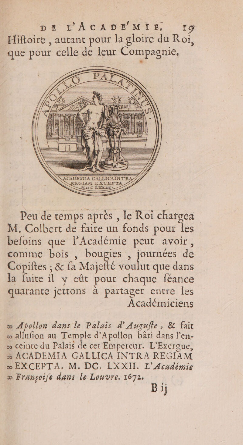 Di L'ÂACADEMIE r9 Hiftoire , autant pour la gloire du Roi, que pour celle de leur Compagnie, LE Peu de temps après , le Roi chargea M. Colbert de faire un fonds pour les befoins que l’Académie peut avoir, comme bois , bougies , journées de Copiftes ; &amp; fa Majefté voulut que dans la fuite il y eût pour chaque féance quarante jettons à partager entre les Académiciens » Apollon dans le Palais d’Augufle, &amp; fait » allufion au Temple d’Apollon baäti dans l’en- » ceinte du Palais de cet Empereur. L'Exergue, 5 ACADEMIA GALLICA INTRA REGIAM » EXCEPTA. M. DC. LXXII. L'Académie » Françoife dans le Louvre. 1672. Bi;