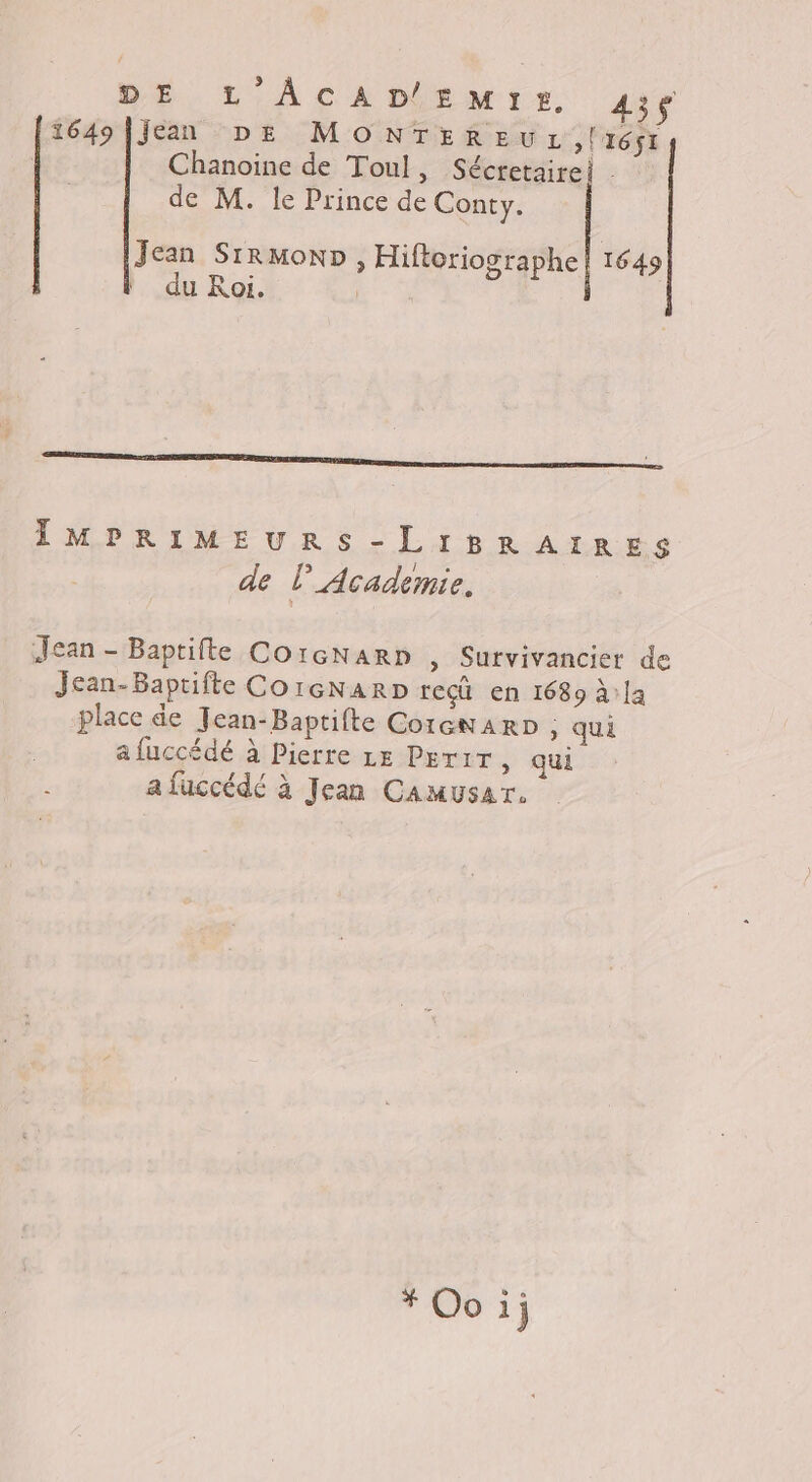 DE L'ACADEMIE, 43ç 1649 [Jean DE MONTEREUL ,|1é6fI ; Chanoine de Toul, Sécretairei . de M. le Prince de Conty. Jean SrRMonNpD, Hiftoriographe | 1649 | du Roi. om om IMPRIMEURS-LIBRAIRES de lAcademie. Jean - Baptifte CorcNarp , Survivancier de Jean-Baprifte CorGNarp recû en 1689 à:la place 4e Jean-Baptifte Co1ew ARD ; qui a fuccédé à Pierre Le PErir , qui a faccédé à Jean Camusar. * Oo i;