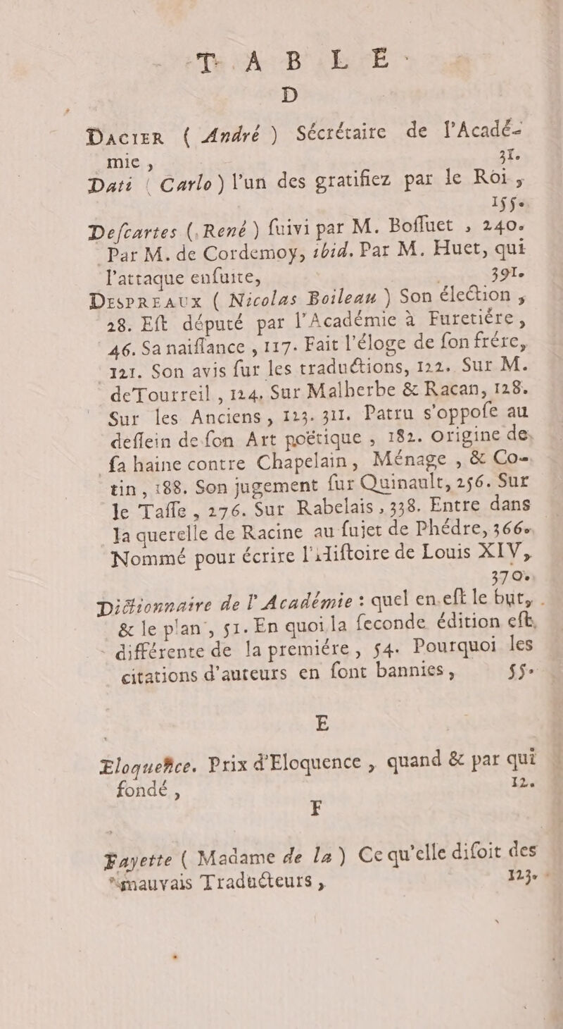 Te A UB'ABTE - D Dacrer ( André ) Sécréraire de l’Acadé- mie , AT: Dati | Carlo) l'un des gratifiez par le Roi, 1ÿfe Defcartes (.René ) fuivi par M. Bofluet , 240. Par M. de Cordemoy, :bid. Par M. Huet, qui l’attaque enfuite, 391. Despreaux ( Nicolas Boileau ) Son élection ; 28. Eft député par l’Académie à Furetiére, 46. Sa naïflance , 117. Fait l'éloge de fon frére, 121. Son avis fur les traduétions, 122. Sur M. deTourreil , 124, Sur Malherbe &amp; Raçan, 128. Sur les Anciens, 123.311. Patru s'oppofe au deflein de fon Art poëtique , 182. origine de; fa haine contre Chapelain, Ménage , &amp; Co- tin, 188. Son jugement fur Quinaulr, 256. Sur Je Tafle , 276. Sur Rabelais , 338. Entre dans Nommé pour écrire l'iliftoire de Louis XIV, 370% Diéionnaire de l'Académie : quel en.eft le but, . &amp; le plan’, s1. En quoi la feconde édition eft, © différente de la premiére, 54. Pourquoi les citations d'auteurs en font bannies, $5 E Eloqueñce. Prix d'Eloquence , quand &amp; par qui à fondé, 12. F Fayette ( Madame de la) Ce qu’elle difoit des “gnauvais Traduéteurs , 123