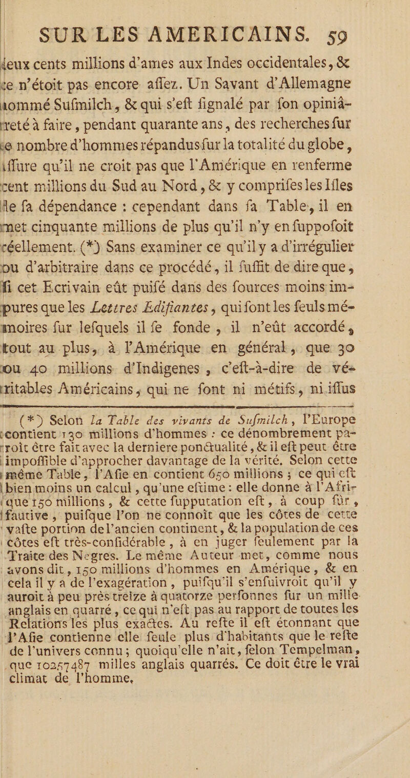 {eux cents millions d’ames aux Indes occidentales, & te n’étoit pas encore affez. Un Savant d'Allemagne aommé Sufinilch, & qui s’eft fignalé par fon opinià- reté à faire, pendant quarante ans, des recherches fur ka nombre d'hommes répandusfur la totalité du globe, iffare qu’il ne croit pas que l'Amérique en renferme cent millions du Sud au Nord, & y comprifesles Iiles fle fa dépendance : cependant dans fa Table, il en met cinquante millions de plus qu’il n’y en fuppofoit céellement. (*) Sans examiner ce qu’il y a d’irrégulier pu d’arbitraire dans ce procédé, il fuffit de dire que, Hi cet Ecrivain eût puifé dans des fources moins im- pures que les Lestres Édifiantes , qui font les feulsmé- moires fur lefquels il fe fonde , il n’eût accordé, tout au plus, à l'Amérique en général, que 30 ou 40 millions d’Indigenes , c’eft-à-dire de vé- ritables Américains, qui ne font ni métifs, niiflus (#)) Selon Za Table des vivants de Sufmilch, l'Europe contient 130 millions d'hommes : ce dénombrement pa- :roit être fait avec la derniere ponétualité , & il eft peut être |impoffible d'approcher davantage de la vérité. Selon cette smême Table, l’Afie en contient 650 millions ; ce qui eft | bien moins un calcul , qu’une eftime : elle donne à l’Afrir que 150 millions, & cette fupputation eft, à coup für, . Ifautive , puifque l’on ne connoit que les côtes de cette ‘yafte portion del’ancien continent, & la population de ces | côtes eft crès-confidérable , à en juger feulement par la TFraite des Negres. Le même Auteur met, comme nous avons dit, 150 millions d'hommes en Amérique, & en cela il y a de l’exagération, puifqu'il s’enfuivroit qu'il y auroit à peu près creize à quatorze perfonnes fur un mille. anglais en quarré, ce qui n’eft pas au rapport de toutes les Relations les plus exactes. Au refte il eft étonnant que J’Afie contienne clle feule plus d'habitants que le refte de l'univers cennu; quoiqu'elle n'ait, felon Tempelman, que 10257487 milles anglais quarrés. Ce doit être le vrai climat de l’homme,