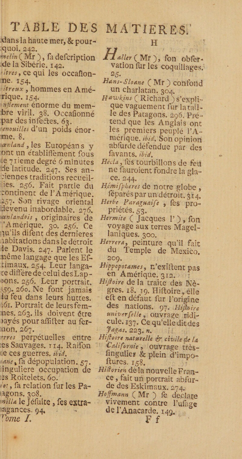 | dans la haute mer, &amp; pour- uoi. 242. S trelin (Mr ), fa defcription de la Sibérie, 142. litres, Ce qui les occafion- e. 154. itreux , hommes en Amé- rique. 154. \zflement énorme du mem- bre viril. 38. Occañonné par des infeétes. 63. fenouilles d’un poids énor- me. 6. | | ærland , les Européans y pnt un établifilement fous le 7rieme degré 6 minutes He latitude. 247. Ses an- ciennes traditions recueil- lies. 256. Fait partie du £ontinent de l’A mérique. 257. Son rivage oriental devenu inabordable, 276. æœnlandois , originaires de PAmérique, 30. 256. Ce qu’ils difent des dernieres aabitations dans le détroit de Davis, 247. Parlent le nème langage que les Ef- timaux, 254. Leur langa- ce différe de celui des Lap- sons. 256, Leur portrait. 159. 260. Ne font jamais du feu dans leurs huttes. 16. Portrait de leursfem- mes. 263. ils doivent être Jayés pour affifter au fer- on, 267. trres perpétuelles entre de ces guerres. id, rañe, Ta dépopulation. 57. inguliere occupation de 8s Roitelets. 60. ‘ot, fa relation fur les Pa- Agons, 308. #illa le Jéfaite , fes extra- agances. 94 - Tome L. * H H aller (Mr), fon obfer- vation für les coquillages. 25. Hans-Sloane (Mr ) confotid un Charlatan, 304. Hawkins (Richard ) s’expti- que vaguement fur la tail. le des Patagons. 206, Pré tend que les Anglais ont les premiers peuplé ’A- mérique. #42. Son opinion abfurde défendue par des favants. bd, Hécla, fes tourbillons de feu ne fauroient fondre la gla- ce. 244. Hémifpheres de notre globe , féparés par un détroit. 414. Herbe Paraguaife ; fes pro- priétés. 53. Hermite ( Jacques l° &gt;, fon voyage aux terres Magel- laniques. 300. Herrera, peinture qu'il fait du Temple de Mexico, 209. 33 Hippopotames, t'exiftent pas en Amérique. 319. Hiffoire de la traite des INè- gres. 18. 19. Hiftoire ,élle eft en défaut fur l’origine des nations. 97. Hifoire univerfelle ,: ouvrage ridi- . Cule, 137. Ce qu’elleditdes Fagas. 203.n El à Californie, ouvrage très- fingulier &amp; plein dimpo- ftures. 158. 3 * Ce, fait uñ portrait abfur- de des Eskimaux. 274: Hoffmann (Mr &gt; fe declare vivement contre lufage de l’Anacarde. 149. Eif