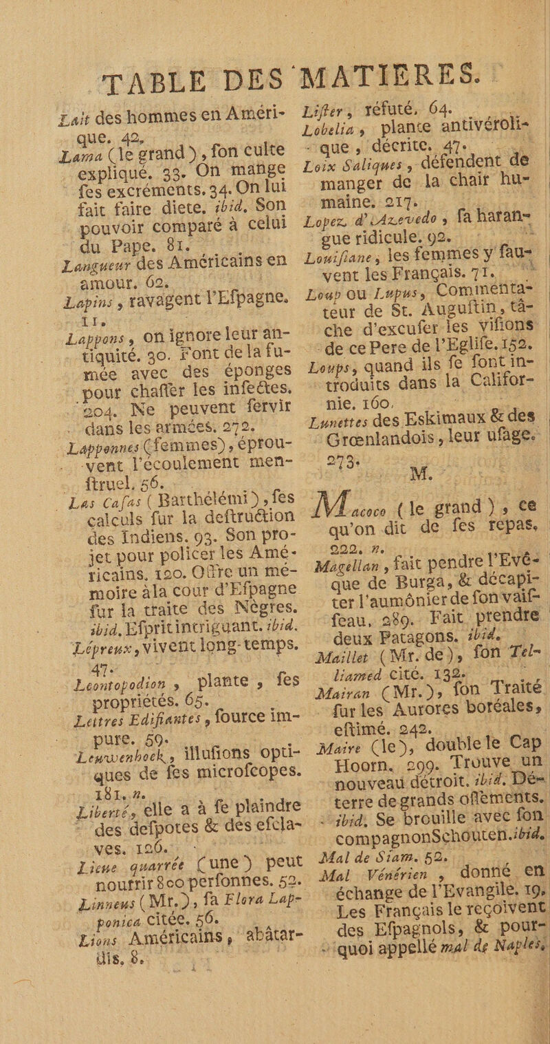 Lait des hommes en Ameri- que. 42, | Lama (le grand », fon culte expliqué. 35. On mange fes excréments. 34. On lui fair faire diete. #bi4, Son pouvoir comparé à celui du Pape. 81. Lançueur dES Américains en amour. 02. Lapins , tavagent l'Efpagne, tr, Lappors, on ignore leur an- tiquité. 30. Font de la fu- _ mée avec des éponges pour chaffer les infectes. 204. Ne peuvent fervir . dans les armées. 272. Lapponnes (femmes) , éprou- vent l'ecoulement men- 0 MEL: 50.7 Las Cafas ( Baxthélémi) , fes calculs fur la deftruétion des Indiens. 93. Son pro- jet pour policer les Amé- ricains, 120. OBre un mé- moire àla cour d'Efpagne fur la traite des Nègres. ibid, Efpritintriguant. 14. Lépreux,Nivent Iong-temps. Ne D TO Pere , plante, fes propriétés. 65. Lettres Edifiantes, fource im- pure. 59. Leuwenhock, illufions opti- ques de fes microfcopes. 118% ; Liberré, ele à à fe plaindre - des defpotes &amp; dès efcla- :Ves. 120.1: : 1 Lieme quarrée (une) peut nourrir 8co perfonnes. 52. Linneus (Mr..): fa Flora Lap- ponica Citéc. 56. Lions Américains, abâtar- ÿis, 8. . si MATIÈRES. Lifler, réfuté, 64. Lobelis, plante antivéroli- que décrite 47e | Loix Saliques, défendent de manger de la chair hu- maine. 217. Lopez d'iAzevedo ; fa hatañ- gue ridicule. 92. “ Louifiane; les femmes yfau-s vent les Français. 71. | Loup OU Lupuss Commenta= teur de St. Augulitin, tà- che d’excufer les vifons -de ce Pere de l’Eglife. 152. Loups, quand ils fe font in- troduits dans la Cakfor- nie. 160. ; Lunettes des Eskimaux &amp; des = Grœnlandois, leur ufage. .273* Min {le grand ) , ce qu’on dit de fes repas, 000, 7. à Magellan , fait pendre l'EVÉ= que de Burga, &amp; décapi- ter l’'aumônier de fon vaif- feau, 289. Fait prendre deux Patagons. #4. Maille (Mr. de), fon Tel- liamed Cite. 132: ee | Mairan (MY. )» fon Traité furles Aurores boréales, eftimé. 242. AU Maire (le), doublele Cap Hooïrn. 299. Trouve un nouveau détroit. #bi2. Dé= terre de grands oflèments. … ibid, Se brouille avec fon compagnonSchôuten.ibide Mal de Siam. 52 à Mal Vénérien , donné en échange de l'Evangile. 19, Les Français le reçoivent. des Efpagnols, &amp; pout= … quoi appellé 4/ de Naples 1 “i à