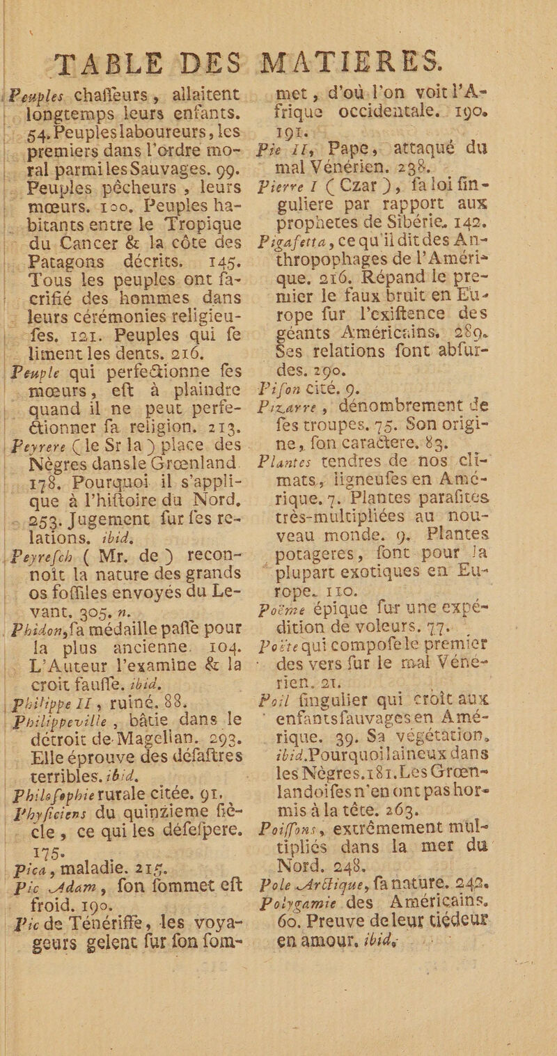 $ | | l | iPenples chaffeurs, allaitent |. longtemps leurs enfants. ::-54,Peupleslaboureurs, les |. premiers dans l’ordre mo- | ral parmilesSauvages. 09. :. Peuples pêcheurs , leurs _ mœurs. 100, Peuples ha- :.….bitants entre le Tropique - du Cancer &amp;r la côte des _Patagons décrits. 145. Tous les peuples ont fa- _crifié des hommes dans : leurs cérémonies religieu- | fes. 121. Peuples qui fe | liment les dents. 216. | Peuple qui perfe&amp;ionne fes |. mœurs, eft à plaindre + quand il ne peut perfe- étionner fa religion. 212. : } Nègres dansle Grænland. 178. Pourquoi il s’appli- que à l’hiftoire du Nord, | 2.253. Jugement fur fes re- | lations. sbid, kPeyrefch ( Mr. de ) recon- noît la nature des grands os foffiles envoyés du Le- vant, 305. 7. | Phidon,fa médaille pañle pour la plus ancienne. 104. |. L'Auteur l’examine &amp; la croit faufte. sb1d, | Philippe II, ruiné. 88. | Philippeville , bâtie dans le détroit de Magellan. 293. terribles. 6:42. | Philafophieruvale citée. OT, | Fhyficiens du quinzieme fè- |. cle, ce quiles défefpere. 175. | Le , maladie. 215. Pic Adam, fon fommet eft froid. 190. Pic de Ténérifle, les voya- geurs gelent fur fon fom- MATIERES. met , d'’ou.l’on voit l’A- frique occidentale. 190. 194 | Pie 11, Pape, attaqué du mal Vénérien. 238. Pierre 1 ( Czar ), fa loi fin- guliere par rapport aux prophetes de Sibérie. 142. Pigafetta, cequ'iiditdes An- thropophages de l’Améri= que. 216. Répand le pre- mier le faux bruit en Eu- rope fur l’exiftence des géants Américains, 260. Ses relations font abfur- des. 290. | Pifon cite, 9. Pizarre, dénombrement de fes troupes. 75. Son origi- ne, fon caractere, 83. Plantes tendres de-nos cli- mats, lisneufes en AmcC- rique. 7. Plantes parafités très-multipliées au nou- veau monde. 9. Plantes _potageres, font pour Ja “plupart exotiques en Eu- fope. 110. Poëme épique fur une expé- dition de voleurs. 77. Poitequi compofele premier des vers fur le mal Véne- rien. 21, Poil fingulier qui croit aux ‘ enfantsfauvagesen Amé- rique. 39. Sa végétation, ibid. Pourquoilaineux dans les Nègres.187.Les Grœn- landoifes n'en ontpashor- mis à la tête. 263. Poifons, extrêmement mul- tipliés dans la mer du Nord. 248. . Pole .Arétique, fanature. 242. Poilygamie des Américains, 60. Preuve deleur tiédeur en amour, ibid: