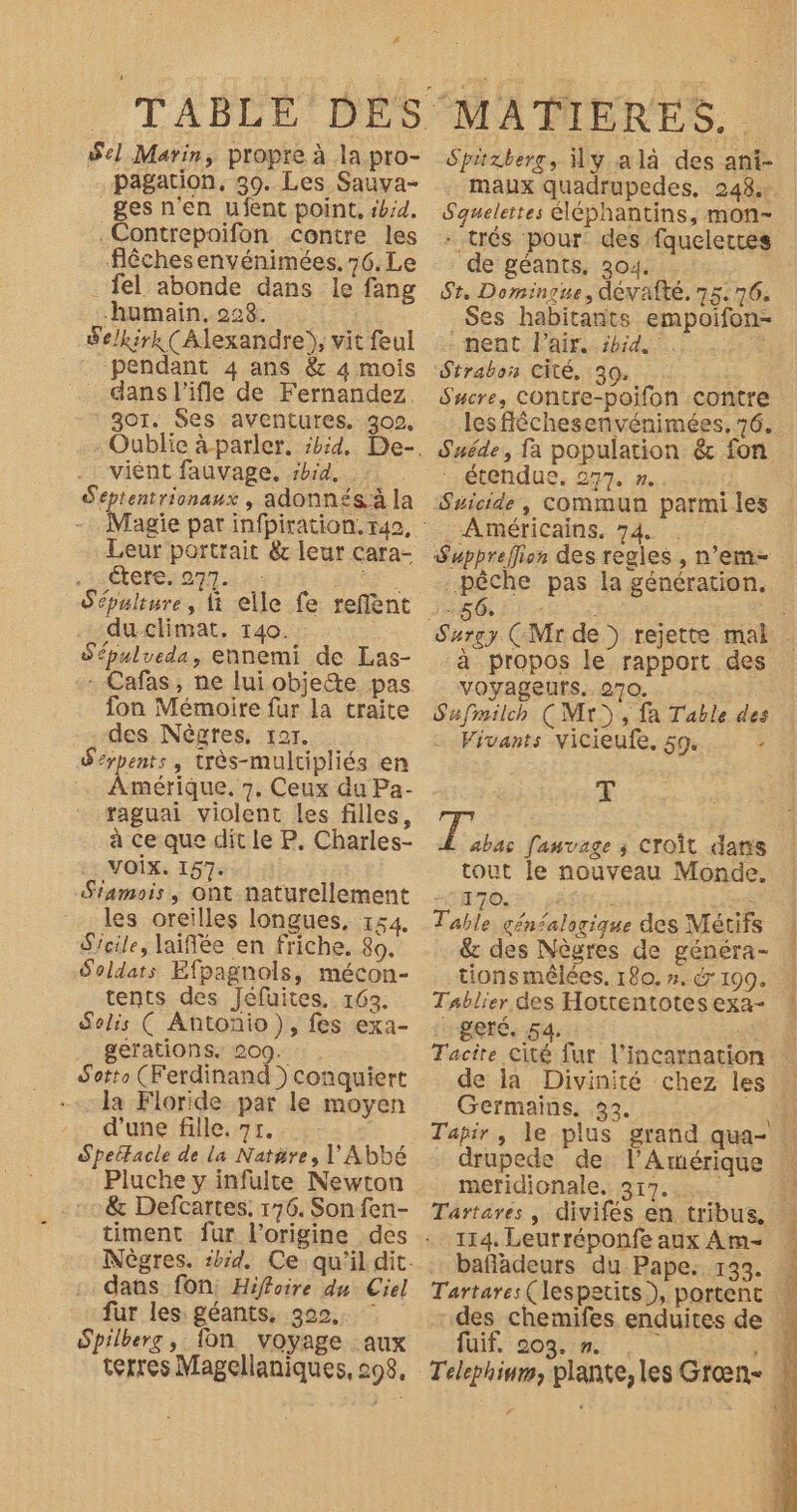 # Sel Marin, propre à la pro- pagation, 39. Les Sauva- ges n'en ufent point, sb;d. .Contrepoifon contre les flêches envénimées. 76. Le _fel abonde dans le fang humain. 228. Selkirk (Alexandre), vit feul pendant 4 ans &amp; 4 mois dans lifle de Fernandez, 301. Ses aventures. 302. viént fauvage. sbid, S'eptentrionaux , adonnés à la : Leur portrait &amp; leur cara- “sMetes 07 i #: 50 Sépulture, { elle fe reffènt duclimat. 140. S'épulueda, ennemi de Las- - Cafas, ne lui obje&amp;te pas fon Mémoire fur la traite des Nègres, rar. . Seypents, très-multipliés en Amérique. 7. Ceux du Pa- raguai violent les filles, à ce que dit le P, Charles- VOIX. 157. Siamois, Ont naturellement les oreilles longues, 154. Sicile, laiffée en friche. 80. Soldats Efpagnols, mécon- tents des Jéfüuites. 163. Solis ( Antonio), fes exa- gerations. 209. Sotte (Ferdinand ) conquiert la Floride par le moyen d'une fille. 71. Speëtacle de la Natüre, l'Abbé Pluche y infulte Newton &amp; Deftcartes. 176. Son fen- dans fon: Hiffoire dun Ciel fur les géants. 300. | Spilbers, fon voyage aux terres Magellaniques, 298. Spitxberg, AY alà des ant- maux quadrupedes, 248. Sauelettes éléphantins, mon- - trés pour des fquelertes de géants, 304. Sr. Dominsue, dévafté. 75:76. Ses habitants empoifon- nent. l'air. ibid. Sucre, CONtre-poifon contre les fiéchesenvénimées, 76. S'uéde, fa population &amp; fon étendue, 277. ».. Suicide, commun parmi les Américains. 74. . Sapprefion des regies , n’em- pêche pas la génération, à propos le rapport des voyageurs. 270. Safmilch (Mr) , fa Table des Vivants vicieufe. 59. : #) FA fanvage ; Croit dans tout le nouveau Monde. HÉRTON AGE La Table généalogique des Métifs tions mêlées. 180. #. 199. Tablier des Hottentotes exa- geré. 54. Tacire cité fur l’incarnation de la Divinité chez les Germains, 33. x drupede de l'Amérique metfidionale. 317... 114. Leurréponfe aux Am- bafladeurs du Pape. 133. Tartares (lespetits), portent fuif, 203. ». | hs NL: 1 L!