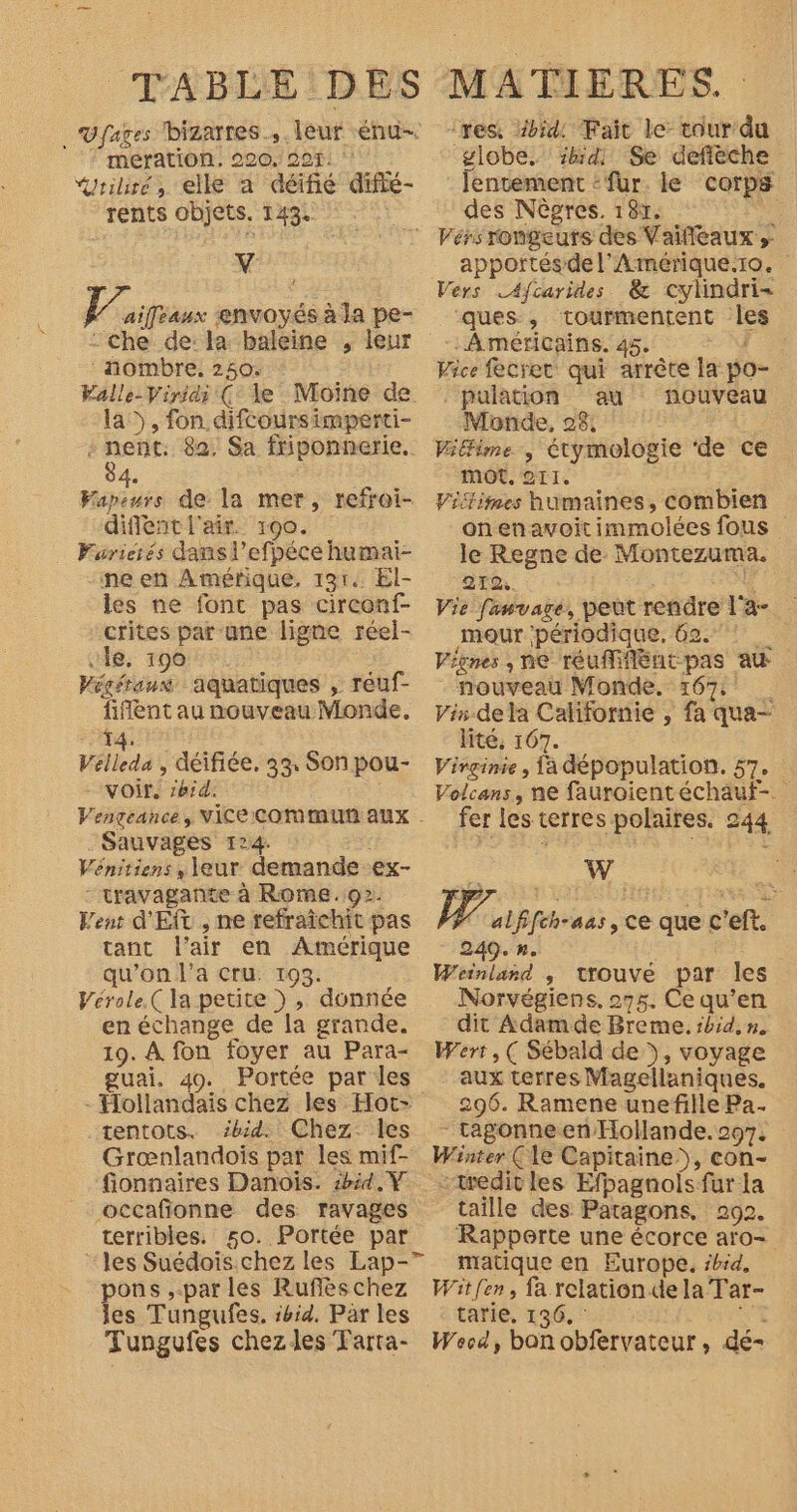 _Ufages bizarres, leur énu- meration. 220. 297: “Uriré, elle à déifié diffé- rents objets. 143. Y Ua baux envoyés à Ja pe- che de: Ia. baleine , leur ‘ ñombre. 250. Falle-Viriai (° le Moine de la, fon difcoursimperti- - nent: 82, Sa friponnerie. 84. Wapeurs de la mer, refroi- diflent l'air. 190. | Farierés dans l’efhéce humai- ne en Amérique, 131. El- les ne font pas circonf- crites par une ligne réel- le, 190 Véséranx aquatiques , reuf- fiflent au nouveau Monde. LA 14. Vélleda , déifiée, voir, zbrd. Vengeance, VICE COMIAUN AUX | Sauvages 124. Vénitiens , leur demande ex- - travagante à Rome. 92. Vent d'Eft , ne refraïchit pas tant l'air en Amérique qu’on l’a cru. 193. Vérele.( la petite ), donnée en échange de la grande. 19. À fon foyer au Para- guai. 49. Portée par les - Hollandais chez les Hot- tentots. ‘bd. Chez les Grœnlandoiïs par les mif- fionnaires Danois. #id.Y occafionne des ravages terribles. 50. Portée par ‘les Suédois chez les Lap-7 pons ,.par les Ruflèschez les Tungufes. #bid. Par les Tungufes chezdes Tarta- 33 Son pou- res, id: Fait le tour du “globe. hdi Se defièche lentement : fur. le corps des Nègres, 187. je apportésdel’Amérique.r10. Vers -Afcarides &amp; cylindri- ques, tourmentent les Américains. 45. re Vice fecret qui arrête la po- _ pulation au nouveau Monde, 28, FRS Vitfime , étymologie ‘de ce mot. 211. Viffimes humaines, combien onenavoit immolées fous le Regne de Montezuma. 210. Vie fanvage, pet rendre l'a- meour ‘périodique, 62.1 Vignes , ne réuMfientpas au - nouveau Monde. 167: Vis-dela Californie , fa qua- lité. 107. Virginie, {a dépopulation. 57. Volcans, ne fauroientéchauf-. fer les terres polaires. 244 wW / alfifch-aas , ce que c'eft. 249. n. Weinland , trouvé par les Norvégiens. 275. Ce qu’en dit Adamde Breme. ibid, n. Wert , ( Sébald de y», voyage aux terres Magellaniques. 296. Ramene unefille Pa. - tagonne en Hollande.297. Winter (le Capitaine), con- taille des Patagons, 292. Rapporte une écorce aro- matique en Europe. #hid. Witfen, fa relation de la Tar- tarle, 136, : Woecd, bon obfervateur, dé-