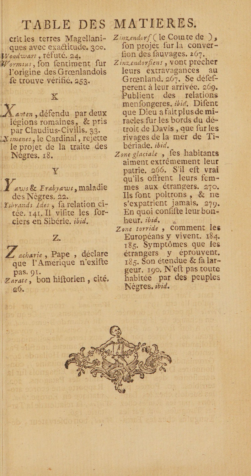 | critles terres Magellani- | ques avec exactitude. 300. buis , Téfuté. 24. B/ormius, fon fentiment fur |. l’origine des Grœnlandois . fe trouve vérific, 253. X | | X anten , défendu, par deux | légions romaines, &amp;r pris | par Claudius-Civilis, 35. LX :menes., le Cardinal, rejette _ leprojet de la waite des .. Nôgres. 18. Ë : Y . &amp; Frabyaws, maladie des Nègres, 22. IYshrands 1des ; fa relation Ci- cée. 141.11 vifite les for- ciers en Sibérie. #bid. | A | A acharie , Pape , déclare | que l'Amérique n'exifte pas. OI. ne Zarate, bon hiftorien , cité. 26. Zinzendorf (le Comte de }, fon projec fur la conver- fion des fauvages. 207. Zinzendorfiens , Ont precher leurs extravagances au Græœnland. 267. Se défef- perent à leur arrivée, 269. Publienc des relations menfongeres. id. Difent que Dieu a fait plus de mi- racles fur les bords du dé- troit de Davis , que fur les rivages de la mer de Ti- bériade. sbrd, | Zone glaciale , fes habitants aiment extrêmement leur patrie, 266. S'il eft vrai qu'ils offrent leurs fem- mes aux étrangers. 270. Ils font poltrons , .&amp; ne s’expatrient jamais, 270. En quoi confifte leur bon- heur, shid, Zone torride y Comment les Européans y vivent. 184. 185. Symptômes que fes étrangers y éprouvent. 185. Son étendue &amp; fa lar- geur. 190, N’eft pas toute habitée par des peuples Nègres. ibid.