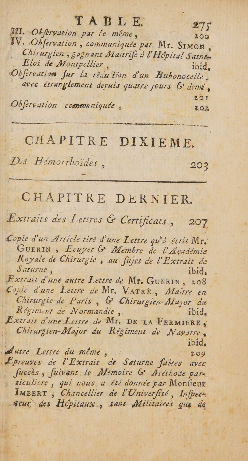 TABLE XBTS HI. Oéférvation par le même, 200 TV. Obfervation , communiquée par. Mr. Simon Æ Chirurgien , gagnant Maurife à l'Hôpiral Sarne- Eloi de Montpellier, ibid, Obférvation fur La réiu tion d'un Bubonocelle , avec étranglement deruis quatre jours G demi , 201 Obférvation communiquée , 20% ne CHAPITRE DIXIEME. Ds Hémorrhoïdes À 203 mm CHAPITRE DERNIER Extraits des Letires &amp; Certificats, 207 Copie d'un Article tiré d'une Lettre gwà écrit Mr, GUERIN , Ecuyer &amp; Membre de l’Académie Royale de Chirurgie , au Jet de l'Extrair de … Saturne , ibid, Æxtrair d'une autre Lettre de Mr, GUERIN, 208 Copie d'une Lertre de Mr. VATRÈ, Maïtre en _ Chirurgie de Paris , 6 Chirurgien-Major de Régiment de Normandie , ibid, Æxrrair d'une Lerrre de Mr, DE ‘LA FERMIERE s Chirurgien-Magor du Régiment de Navarre, | ibide futre Lertre du même, 209 Æpreuves de l'Extrair de Saturne faites avec Juccès ; fuivanr le Mémoire &amp; Hiéchode par« siculiere , qui nous. a été donnée par Monfieur TMBERT ; Chancellier de l'Univerfité, Infpec- Sur des Hôpitaux, sert Ailitaires que de