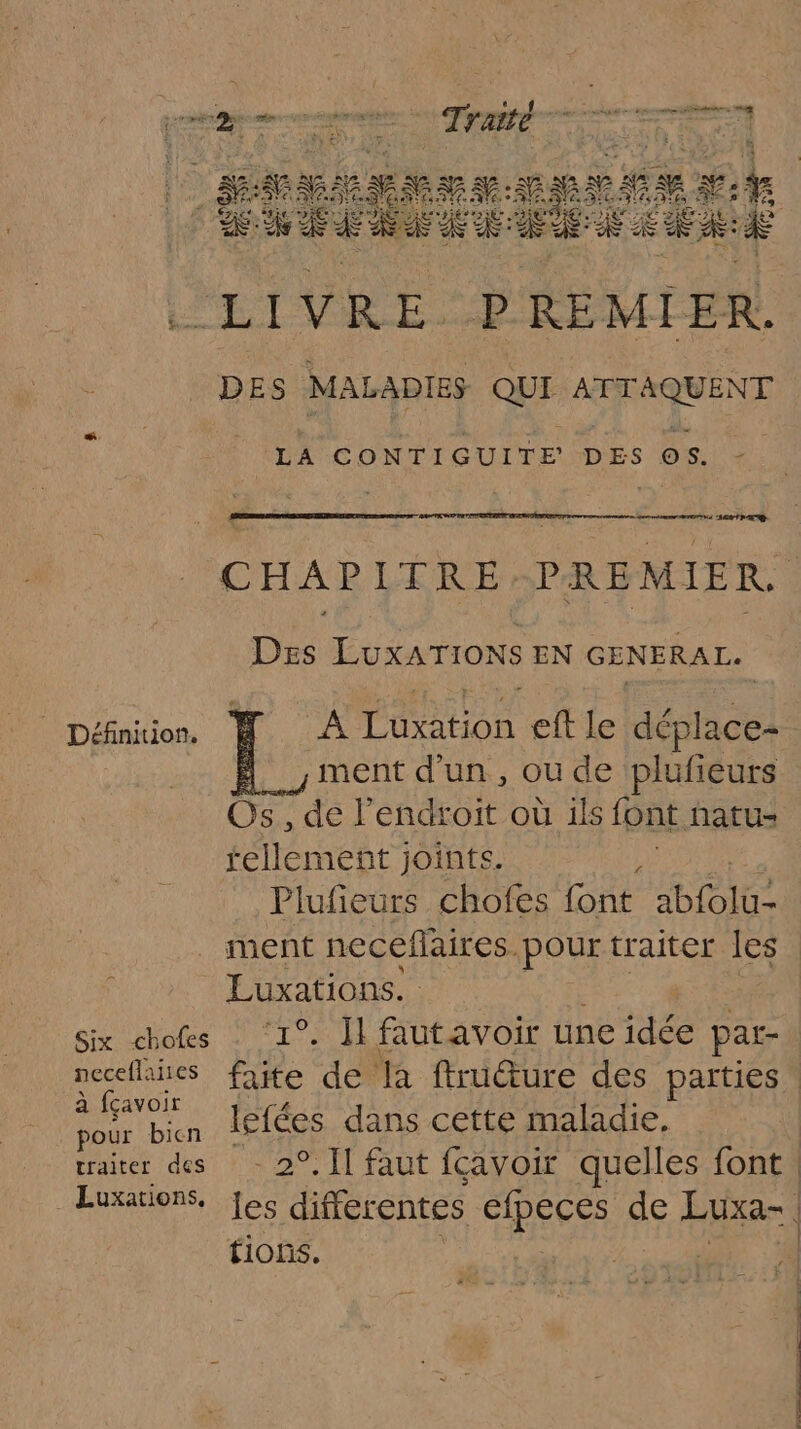 Définiuion. Six chofes neceflaiies à fçavoir pour bien traiter des Luxations, DES MALADIES QUI ATTAQUENT LA CONTIGUITE DES OS. - RE CD | Des LUxATIONS EN GENERAL. A ToBUon eft le déplacez _ ment d’un, ou de plufieurs . de l'endroit où ils font hatu- eat joints. ; Plufeurs chofes font AT ment necefaires. ‘pour traiter les ‘1°. ] fautavoir une idée par- lefées dans cette maladie. - 2°. Il faut fçavoir que Iles font : tions. Rs nn CE