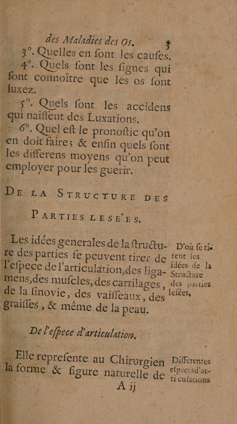 3°. Quelles en font les caufes, 7 nr 4. Quels font les lignes qui font connoître que les os font luxez. | é … 5°. Quels font les accidens qui naiflent des Luxationc. | mp6”. Quelteft le pronoftic qu'on €n doit faires &amp; enfin quels font ô les differens moyens qu'on peut employer pour les suerir. Dr:ca STRUCTURE DES PARTIES LE SE te Les idées generales de la fruu- D'où fe ris re des parties fe peuvent tirer de ‘nt les FRS pe rnvudées, de: Le eéfpece del articulation,des liga- ï Ce Te Structure : mens, des mufcles, des Cartilages, des parties | h pr fées de la finovie, des vaifleaux, des 115 Braifles, &amp; même de la peau. . Del'efbece d'articulation. « Ellercprefente au Chirurgien Diferentes a &lt;: - efpsccsd’ar- k forme &amp; figure naturelle de Fm