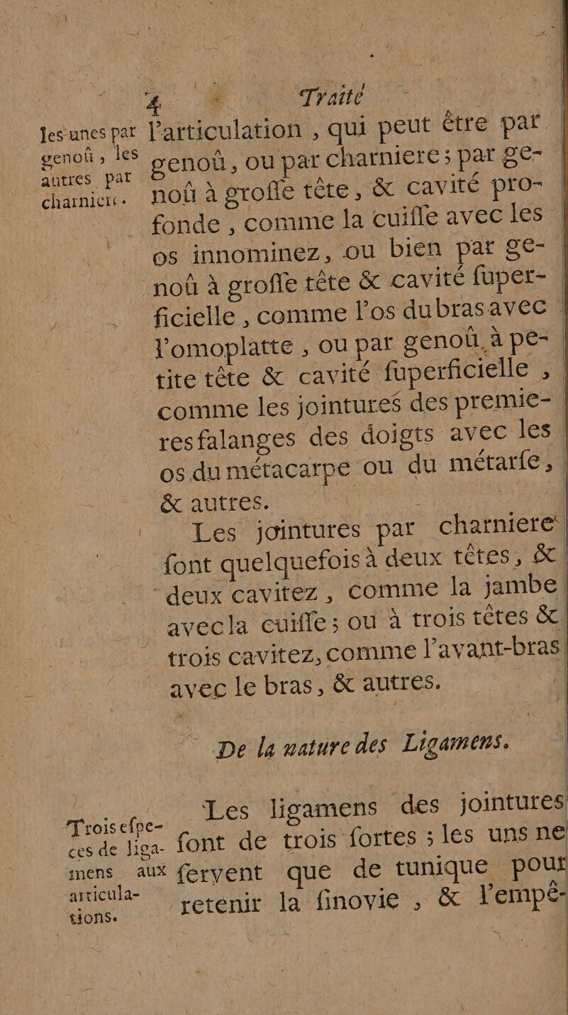 pr ka Particulation , qui peut être paf | A pi CDS 0 par charniere ; par ge- charniere. NOU à grofte tête, &amp; cavité pro- | fonde , comme la cuifle avec les os innominez, ou bien par ge- | _noùû à groffe tête &amp; cavité fuper- | ficielle , comme los dubrasavec l'omoplatte , ou par genoû, à pe- | tite tête &amp; cavité fuperficielle | comme les jointure$ des premie- | resfalanges des doigts avec les | os du métacarpe où du métar{e, | &amp; autres. (2 FARMER RER US Les jointures par charniere font quelquefois à deux têtes, &amp;. “deux cavitez, comme la jambe! avecla euiffe; ou à trois têtes &amp;, trois cavitez, comme l’avant-bras| avec le bras, &amp; autres. | De la mature des Ligamens. rois clbez Les ligamens des jointures, tes de lisa font de trois fortes ; les uns ne mens aux fervent que de tunique pour articula- h ; à ie tions. retenir la finovie , &amp; J'empé-