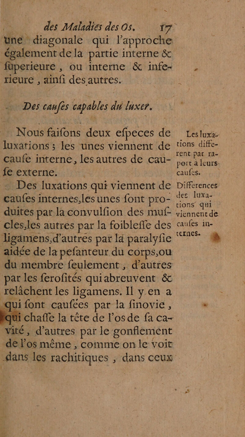 “ des Maladies des Os, 17 une diagonale qui l'approche également dela partie interne &amp; füperieure , ou interne &amp; infe- “ rieure , ainfi des autres. Des canfés capables di luxer. Nous faifons deux efpeces de Lesluxä. luxations ; les unes viennent de ‘ions diffe- caufe interne, les autres de cau- be as {e externe. | caufes. ) - Des luxitions ‘qui viennent de Differences caufes internes,les unes font pro- en qui duites par la convulfion des muf- viennent de cles,les autres par la foiblefle des caufes in- ligamens d’autres par la paralyfie “7 0 aidée de la pefanteur du corps,ou du membre feulement , d’autres par les frofités qui abreuvent &amp; relâchent les ligamens. Il y.en a Ë, “qui font caufées par la finovie , . qui chaffe la tête de l’osde fa ca- Vité, d’autres par le gonflement de l'os même , comme on le voit dans les rachitiques ; dans ceux Yo»