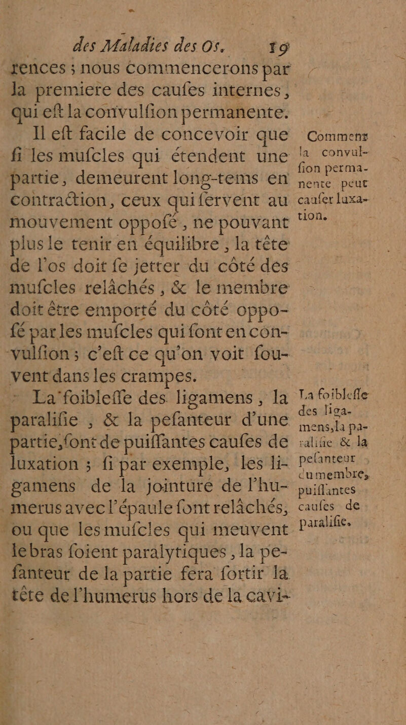 LS des Maladies des Os. 9 tences ; nous Commencerons par Ja premiere des caufes internes, qui ef la convulfion permanente. Il eft facile de concevoir que fi les mufcles qui étendent une partie, demeurent long-tems en contraction, CEUX qui fervent au mouvement Oppofé , ne pouvant plus le tenir en équilibre, la tête Commens la convul- fion perma- ente peut caufer luxa- tion. mufcles relâchés , &amp; le membre doit être emporté du côté Oppo- fé: parles mufcles qui fontencôn- Ron s c'eft ce qu'on voit fou vent dans les crampes. _ La ’foibleffe des ligamens, la raie ; &amp; la pefanteur d’une partie, font de puiffantes caufes de luxation ; fi par exemple, les li gamens de la jointure de l’hu- . merus avec l'épaule font relâchés, ou que lesmufcles qui meuvent Jebras foient paralytiques , la pe- fanteur de la partie fera fortir la tère de l'humerus hors de la cavi- La foiblefle des liga. mens,la pa- ralifie &amp; la pefanteur cumembreés caufes de paralifie.