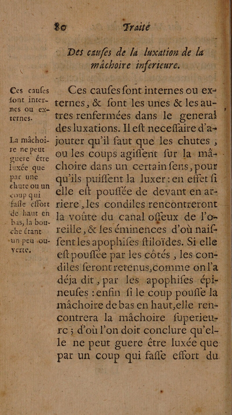 4 Ê Ees caufes dont inter- nes Ou ex- ternes. La machoi- re ne peut gucre être luxée que à une coup ee ‘fañle efort de haut en &gt; bas, la bou- che étant “un peu -ou- | YErtes Traité Des es “A la luxation dE bei maächoire inferieure... elle eft pouffée de devant en aï- fentles apophifes ftiloïdes. Sr elle eftpouflée par les cotés , les con- diles ferontreterus,comme onfa neules : Eee file coup poufle Ja mâchoire de bas en haut,elle ren: F